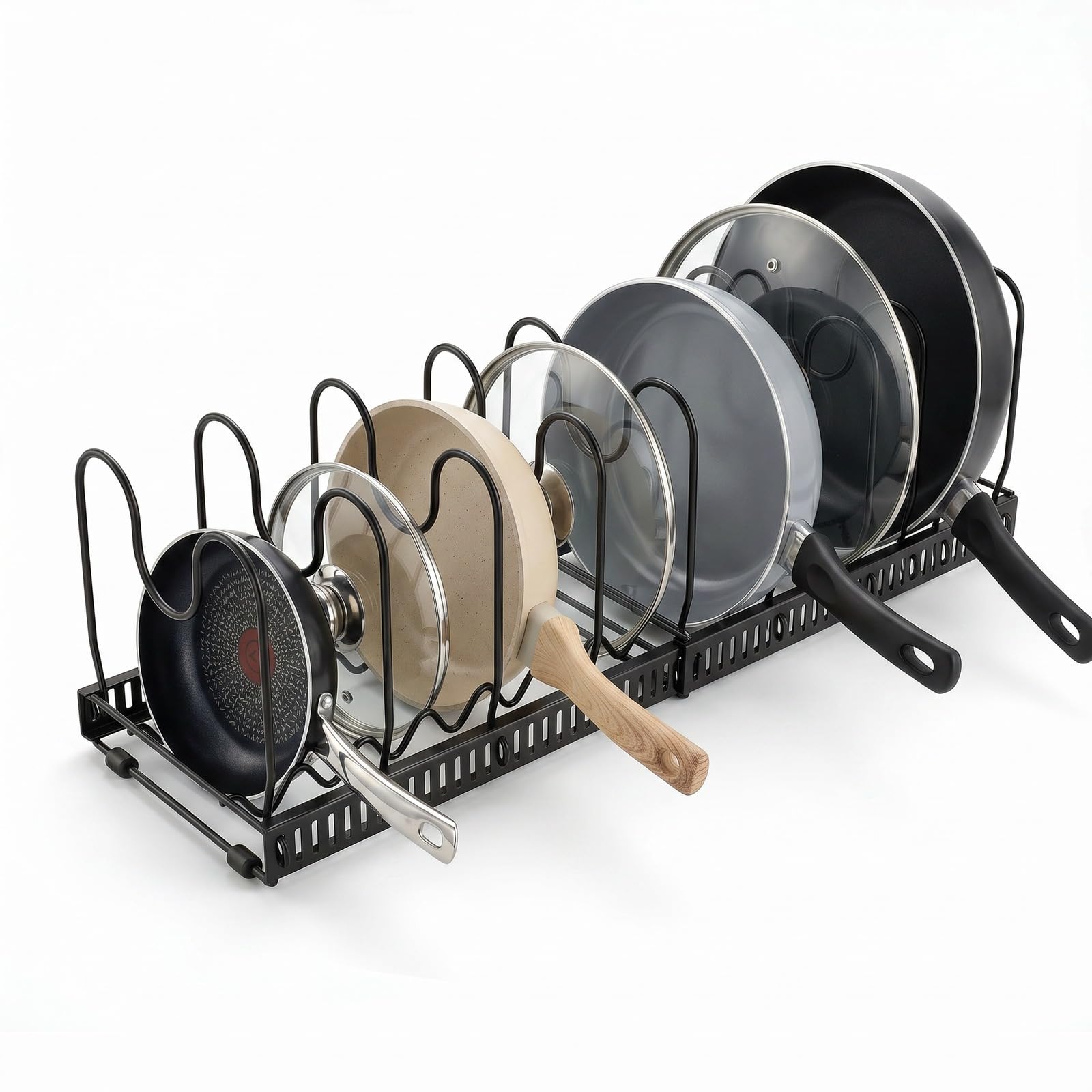 Expandable Pots and Pans Organizer for Cabinet  Heavy Duty Carbon Steel Pot & Pan Rack with 10 Adjustable Dividers, Wave Slot C