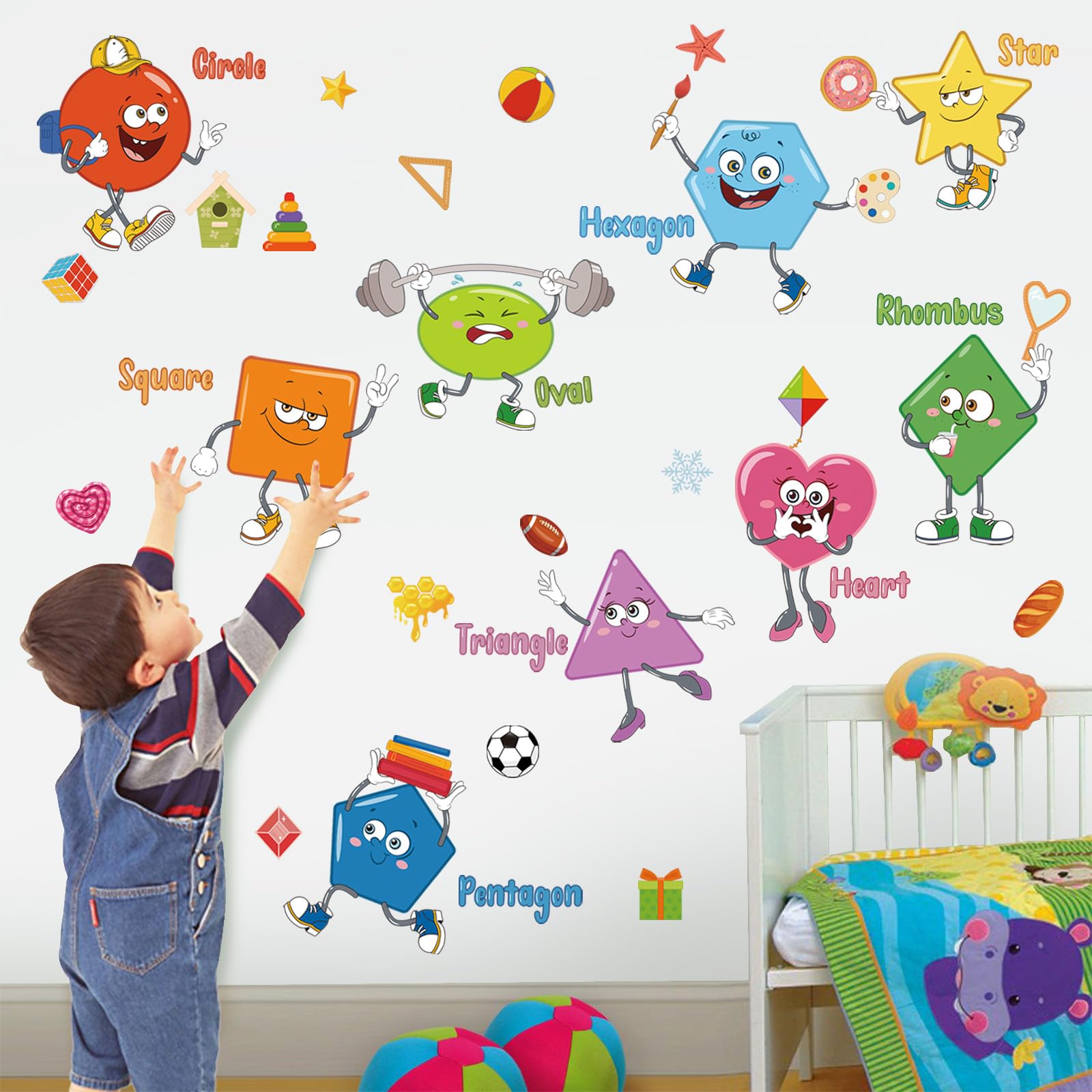 Wondever Colorful Shapes Wall Stickers Educational Learning Geometry Peel And Stick Wall Art Decals For Toddlers Kids Room Class