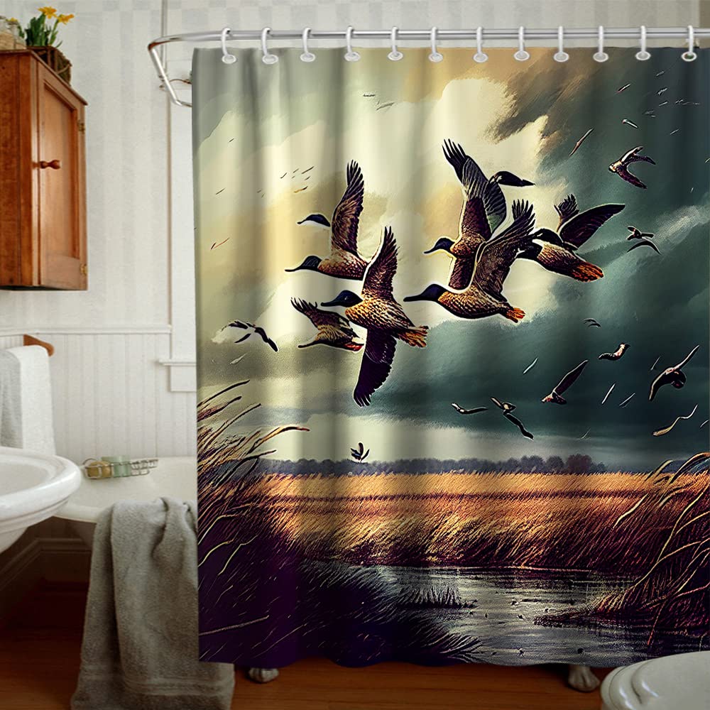 Final Friday Rustic Shower Curtains Wild Ducks Hunting Flying Theme Cloth Fabric Bathroom Decor Sets With Hooks Waterproof Washa