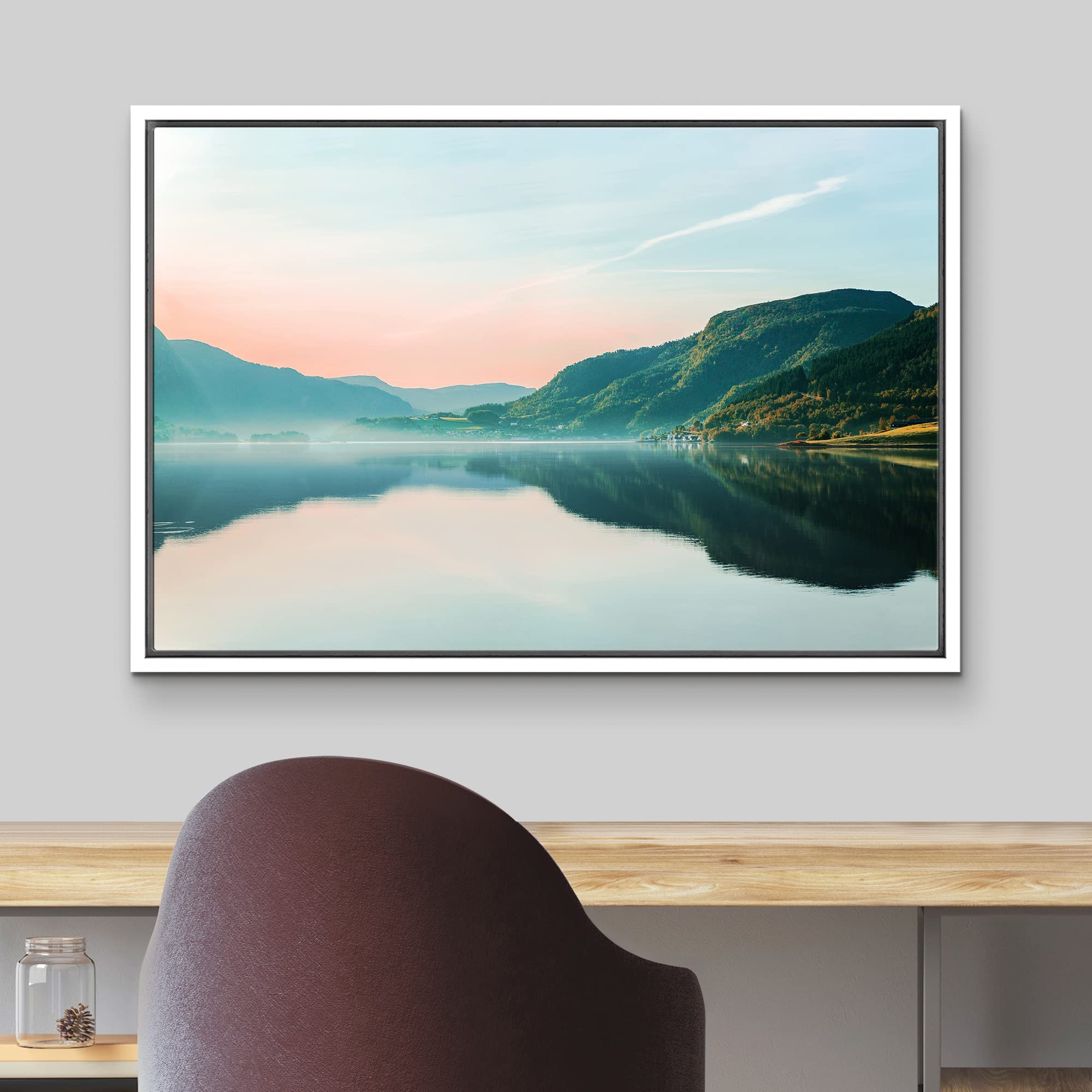 wall26 Framed Canvas Print Wall Art Pastel Sunset Sky Mountain Valley Lake Nature Wilderness Photography Realism Earth Scenery Rustic Scenic Landscape for Living Room  Bedroom  Office - 16''x24'' White