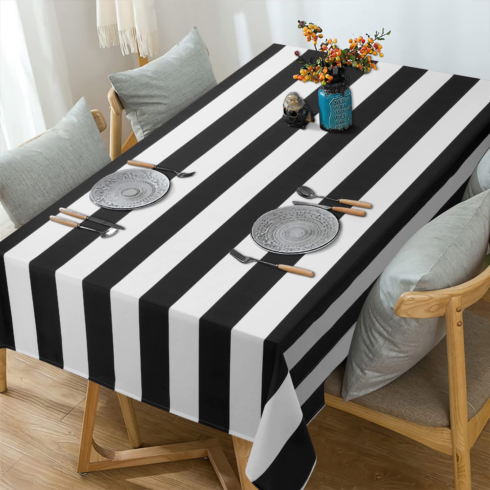 Aspmiz Black And White Striped Tablecloth For Rectangle Tables, Geometric Stripe Waterproof Table Cloth For Kitchen Dining Room,