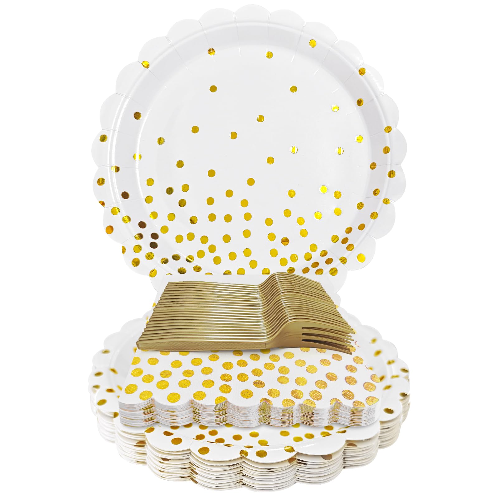 WYQJHKV White and Gold Paper Plates and Napkins,7 Inch White and Gold Scalloped Disposable Dessert Plates Paper Napkin Fork Part