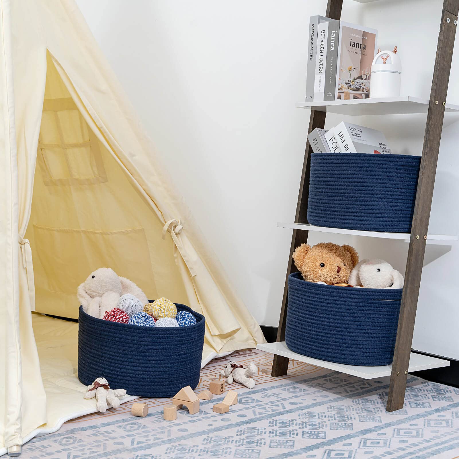 CubesLand Navy Cotton Rope Baskets for Shelves Storage  Cube Shelf Closet Storage Baskets Bins Set 3  Long-lasting Skin-friendly Storage Basket Bin  Stylish Room Decor Basket  Woven Basket for Shelves