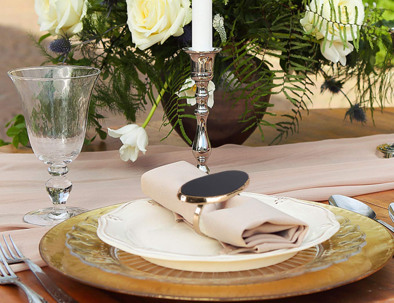 Gold Napkin Rings Set Of 4, Natural Agate Slice Christmas Black Napkin Ring Dinner Table Decor For Parties Wedding Holidays Than