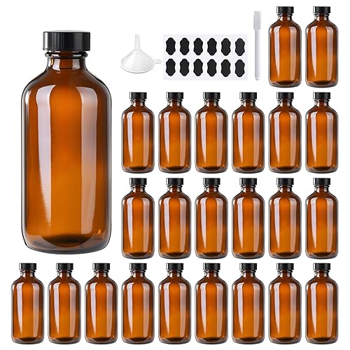 BPFY 24 Pack 4 oz Amber Boston Glass Bottle with Black Poly Cap  Funnel  Chalk Labels  Pen for Homemade Vanilla Extract  Essential Oils  Herbal Medicine  Wedding  Christmas  Holiday Gift