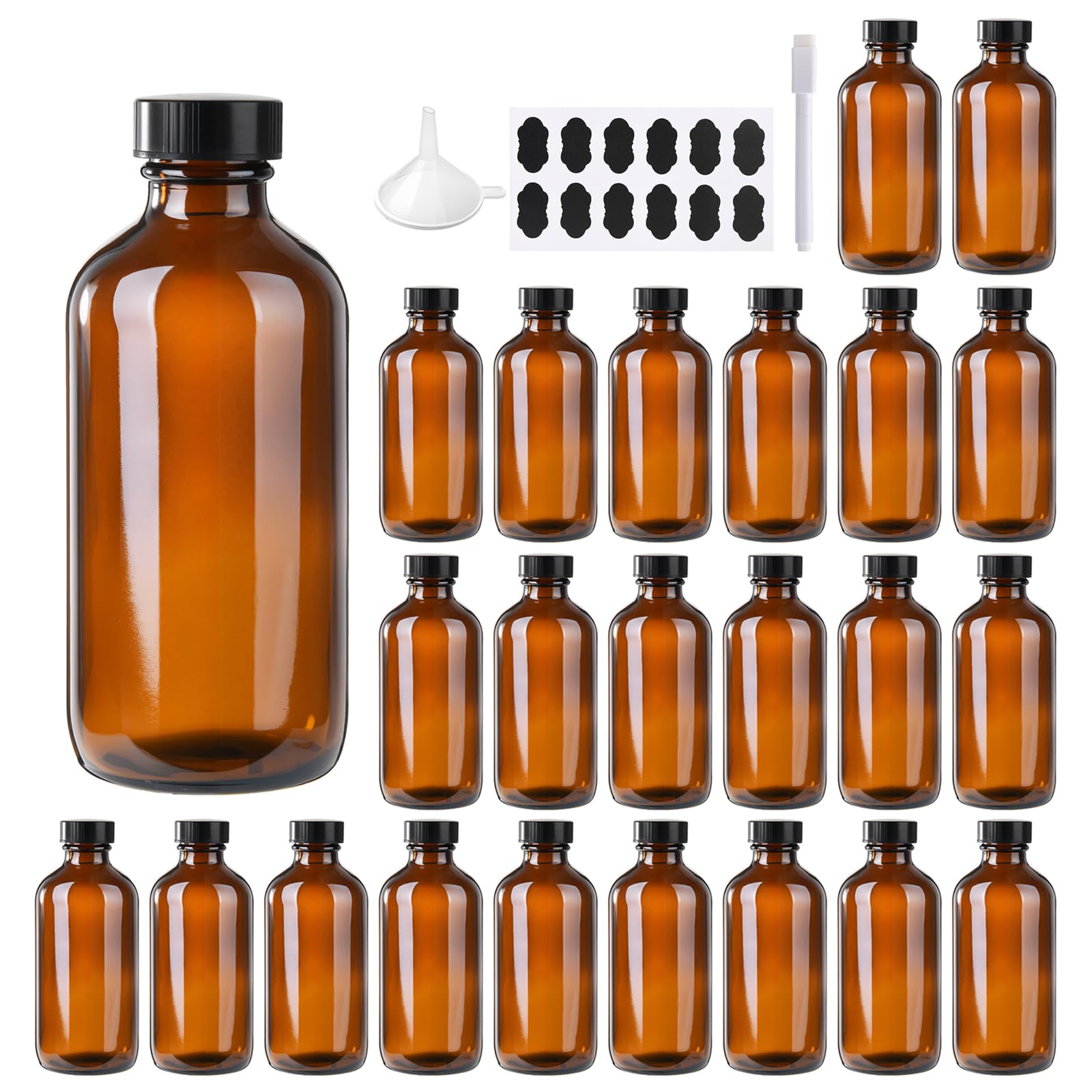 BPFY 24 Pack 4 oz Amber Boston Glass Bottle with Black Poly Cap  Funnel  Chalk Labels  Pen for Homemade Vanilla Extract  Essential Oils  Herbal Medicine  Wedding  Christmas  Holiday Gift