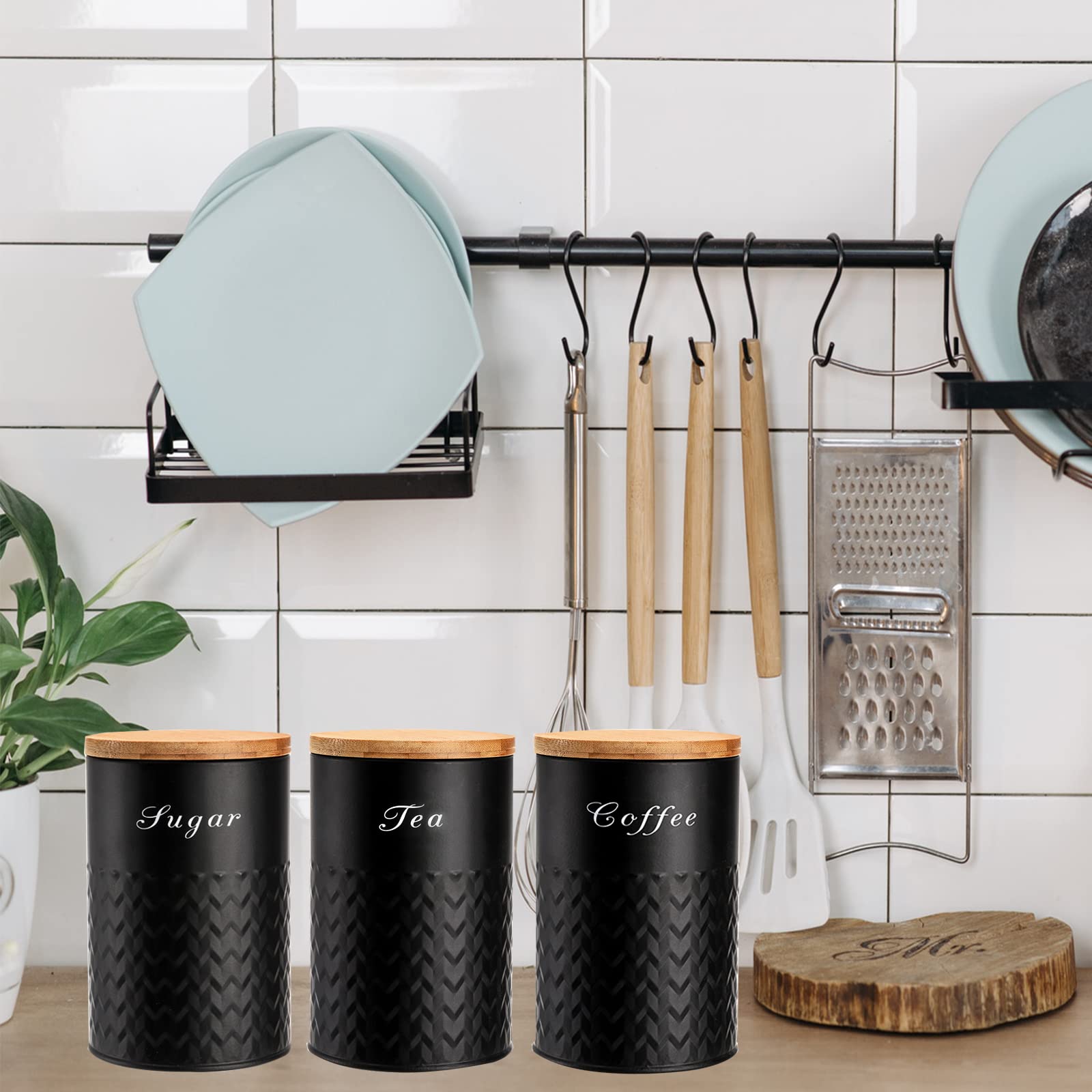 Bekith 3 Pack Kitchen Canisters With Bamboo Lids, Airtight Metal Canister Set, Food Storage Containers Jars For Coffee, Sugar, T