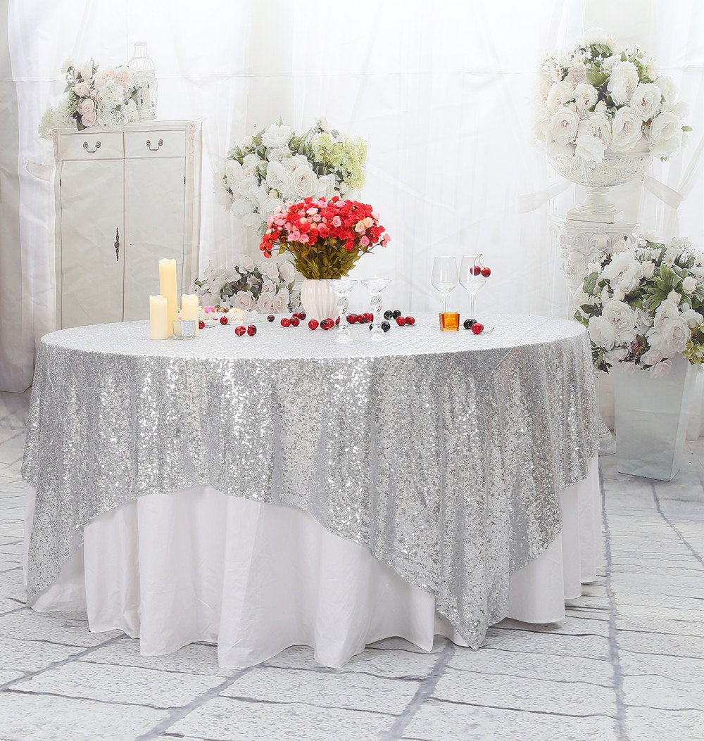 Partydelight Sequin Tablecloth, Sequin Table Overlay, Square, 70''X70'', Silver