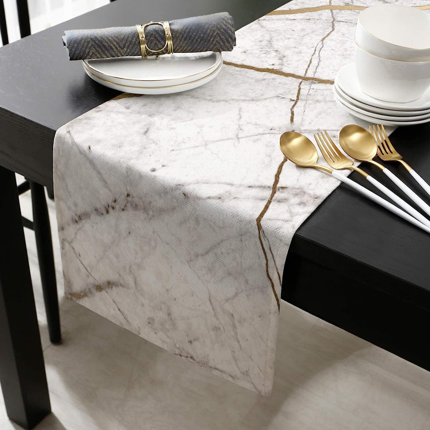 Marble Table Runner-Cotton Linen-Small 36 Inches White Gray Gold Dresser Scarves,Texture Tablerunner For Kitchen Coffee/Dining/S