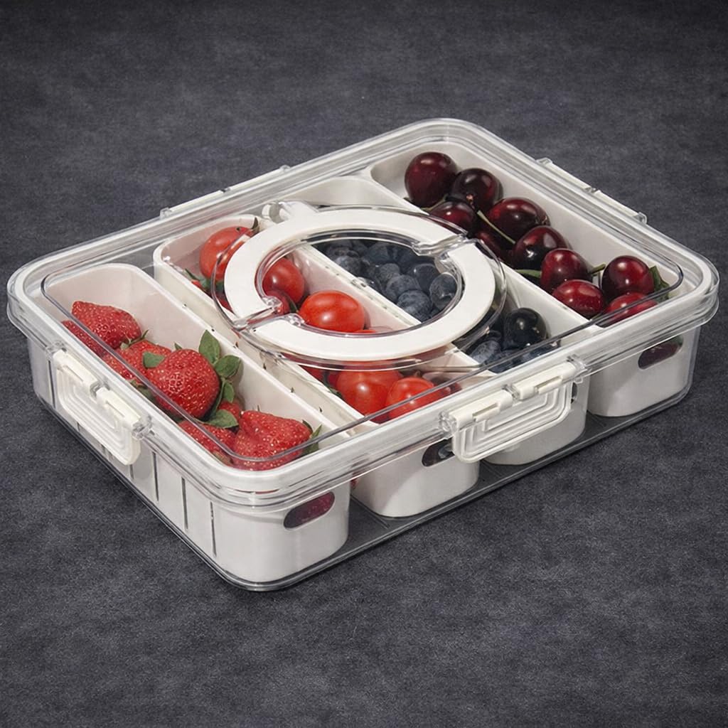 Home Lane Multipurpose 4 Grid Storage Organizer Box, Plastic Container With Transparent Lid & Removable Sections For Fridge, Kit