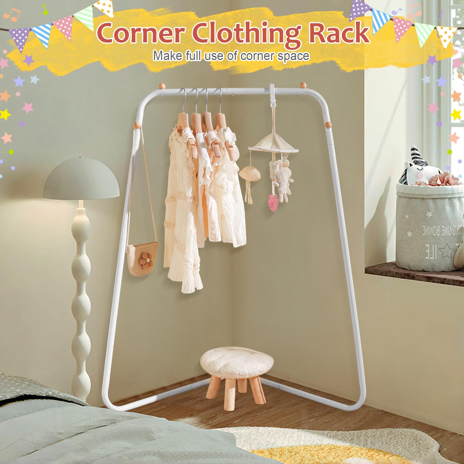 YGJT Kids Clothing Corner Rack, Dress Up Storage for Little Girls with Bottom Storage Shelf, Cute Toddler Wardrobe Cloest Garmen