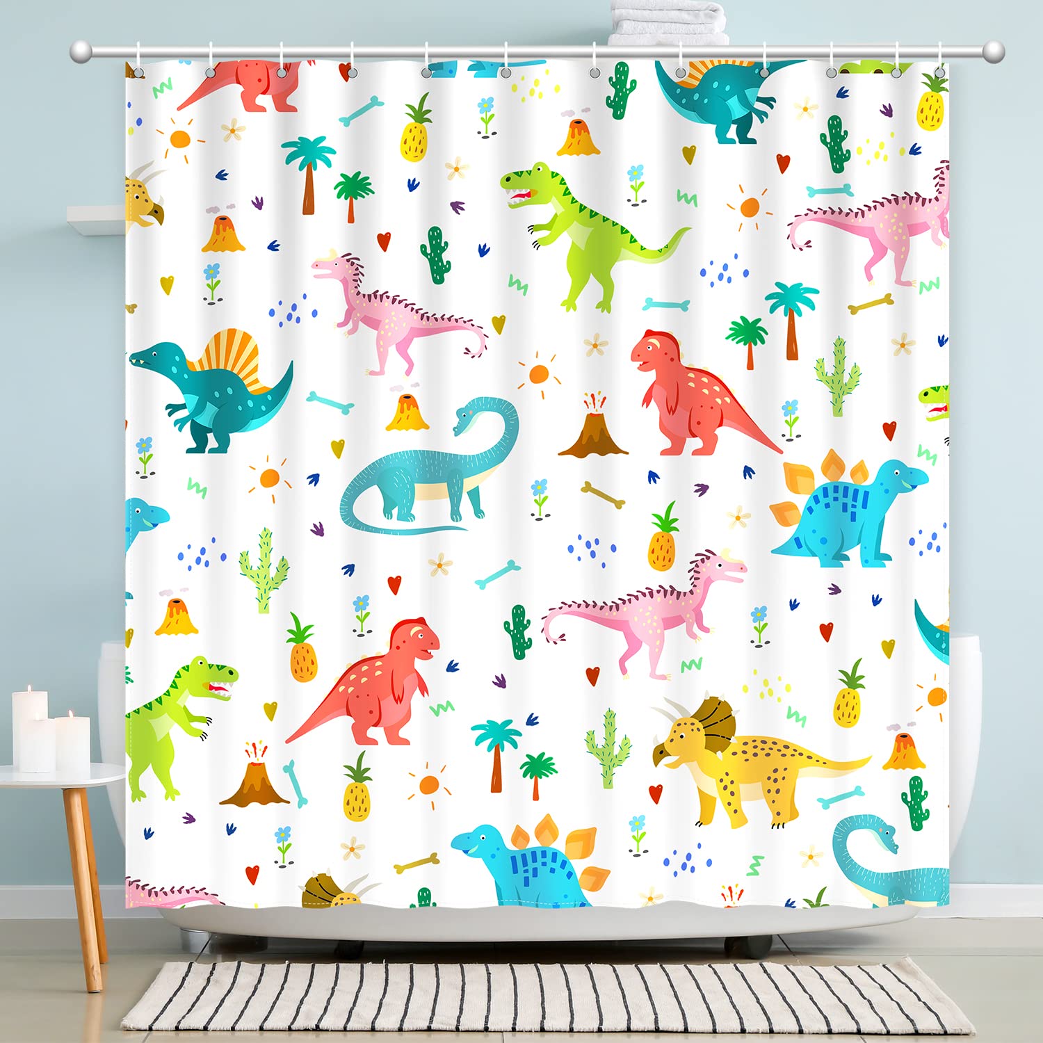 Shower Curtain Kids, Cartoon Dinosaur Shower Curtain Colorful Animals Plants For Boys Girls Polyester Fabric Waterproof Shower C