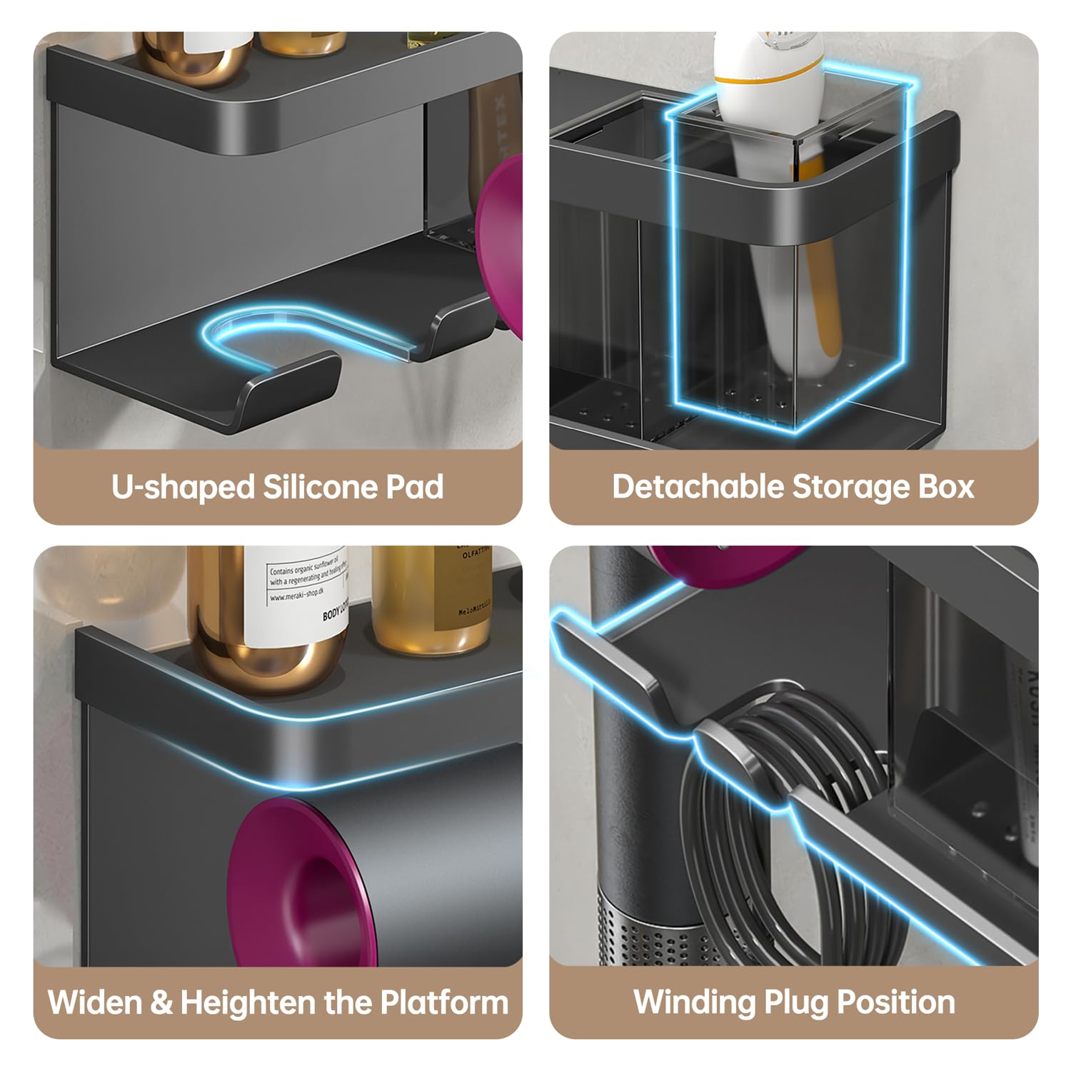 Boomersun Hair Dryer Holder, Blow Dryer Organizer, Hair Dryer Holder Wall Mounted With Shelf For Bathroom, Salon, Bedroom Organi