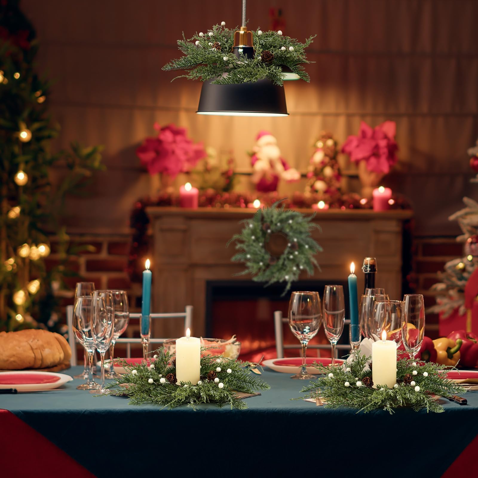 4 PCS Christmas Wreath Christmas Kitchen Cabinet Wreaths with Burlap Ribbon Mini Wreath Pine Garland Frosted Cedar Pine Cone Han