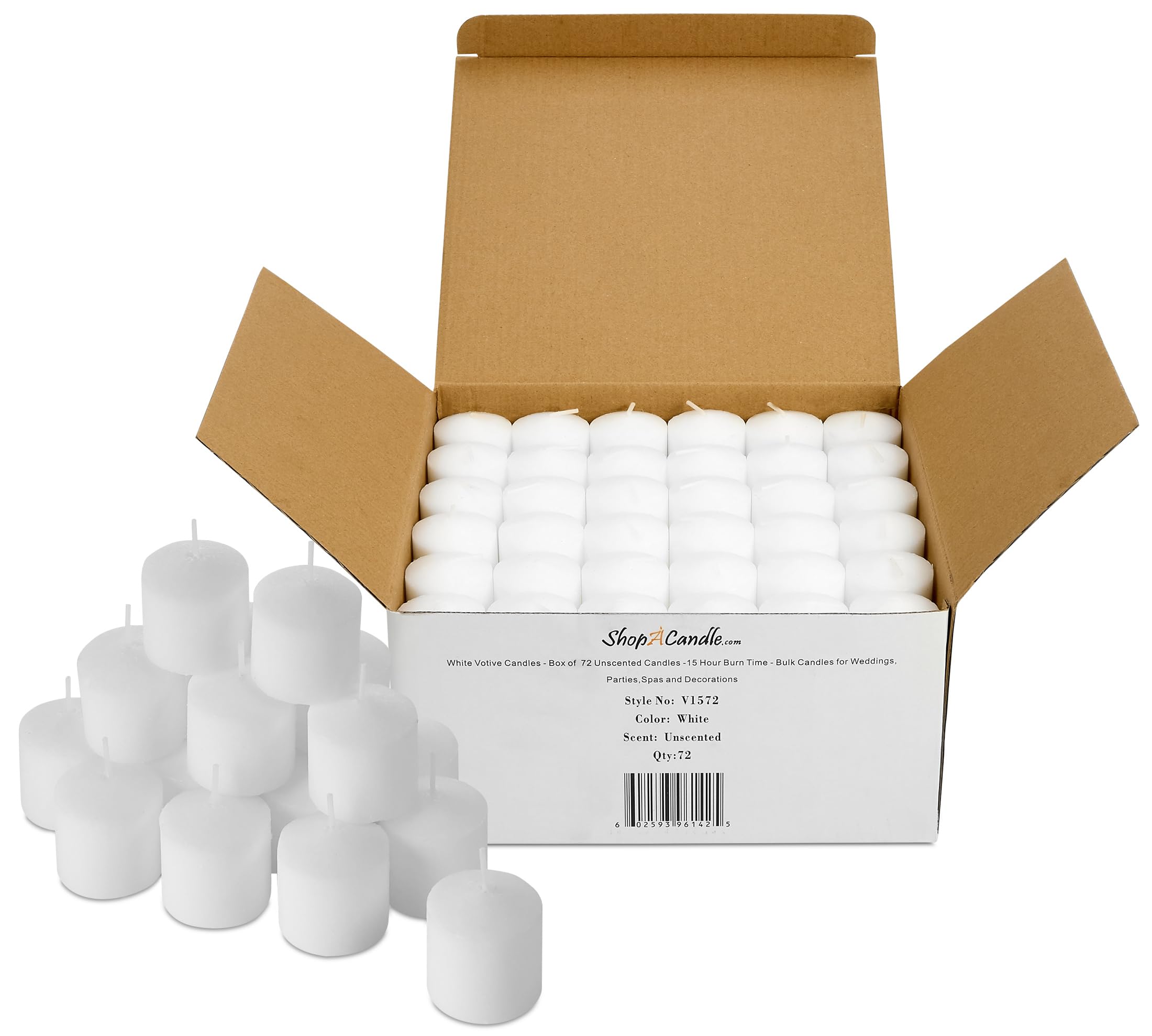 Bulk Pack of 72 White Votive Candles - Box of 72 Unscented Bulk Candles - 15 Hour Burn Time - for Weddings, Restaurants, Parties