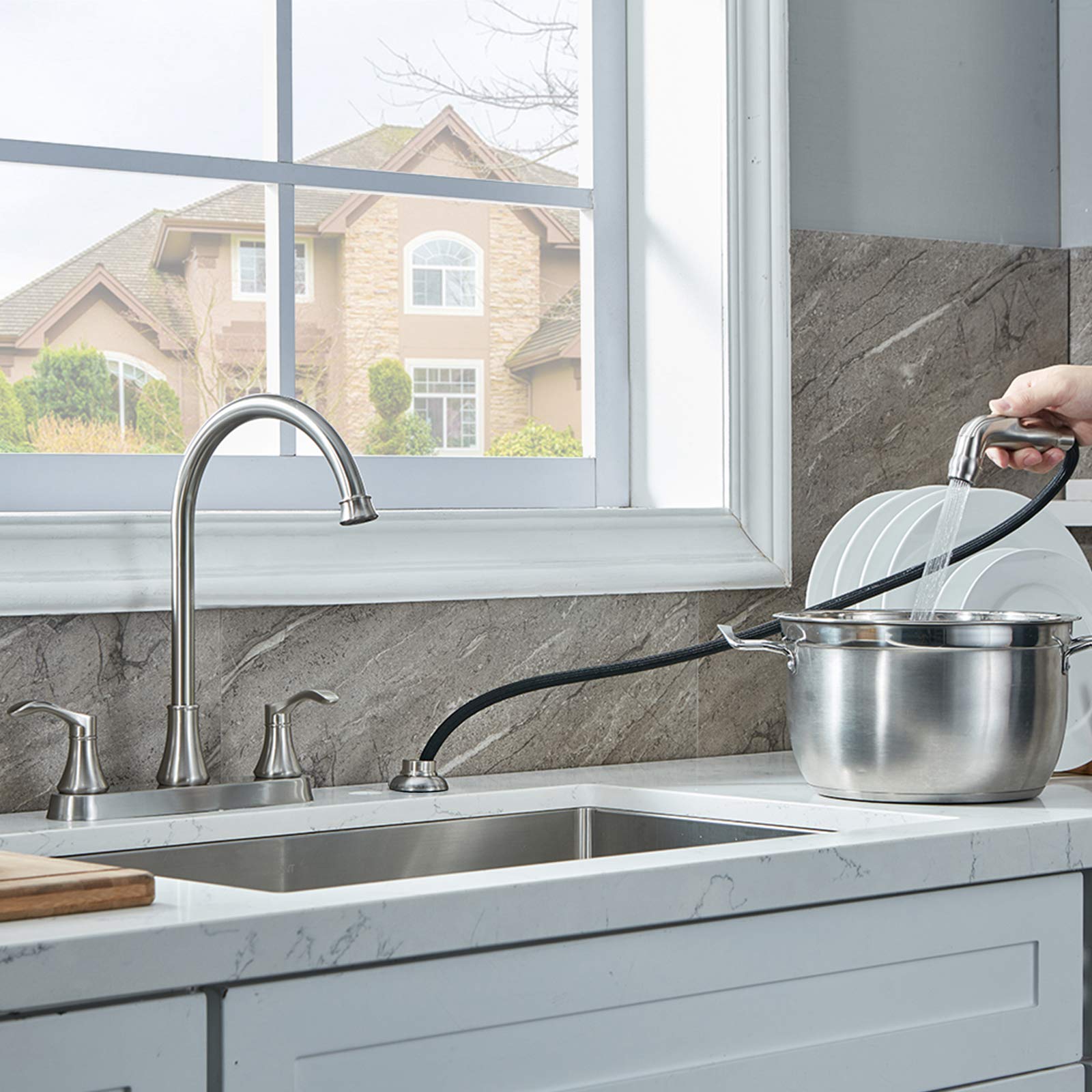 Valisy 3 Hole Or 4 Hole Two Handle Kitchen Faucet With Side Sprayer, Commercial Lead-Free Brushed Nickel Kitchen Sink Faucets Fo