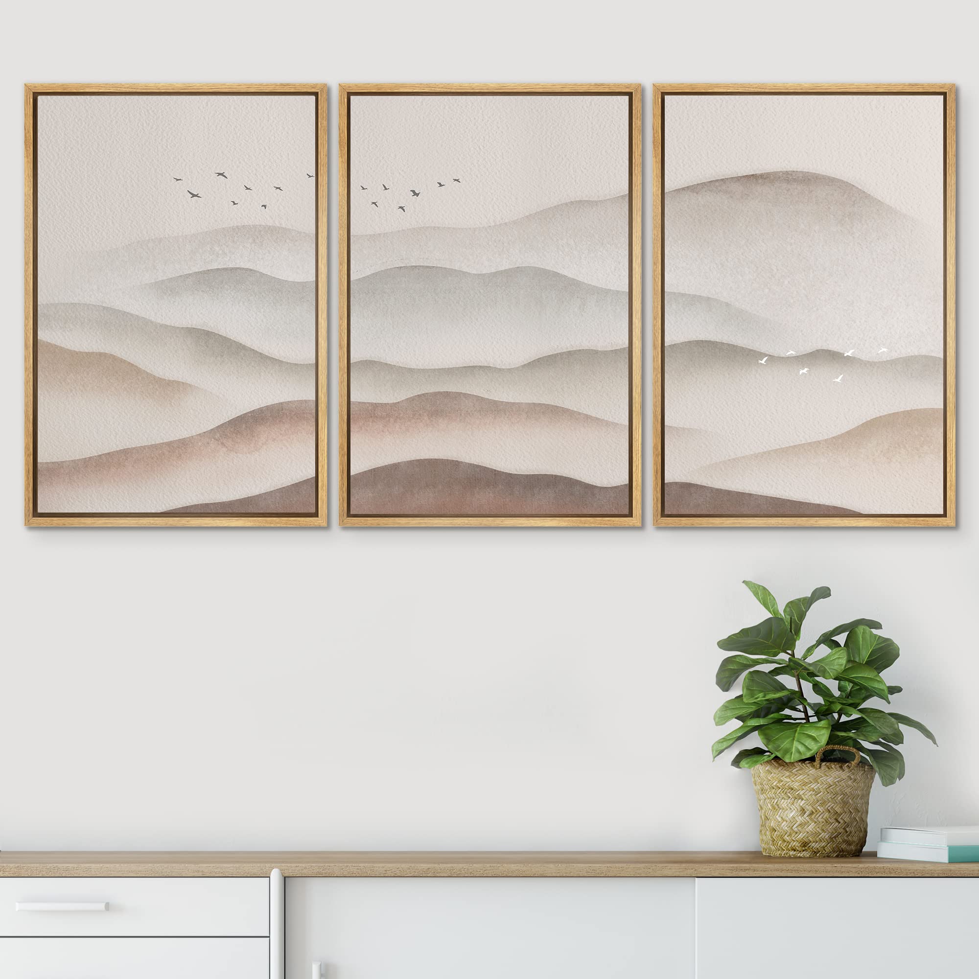 Signwin Framed Canvas Print Wall Art Set Pastel Brown Foggy Mountain Skyline Nature Wilderness Illustrations Modern Art Decorati
