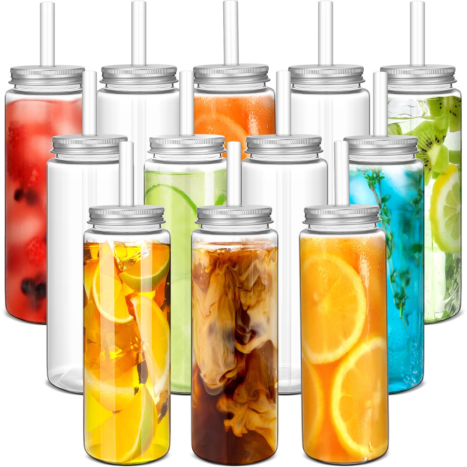 Willinglong 12 Pack 17oz Plastic Juice Bottles - Reusable Drinking Jars with Straw and Lids for Drinking, Juicing, Smoothies, Be