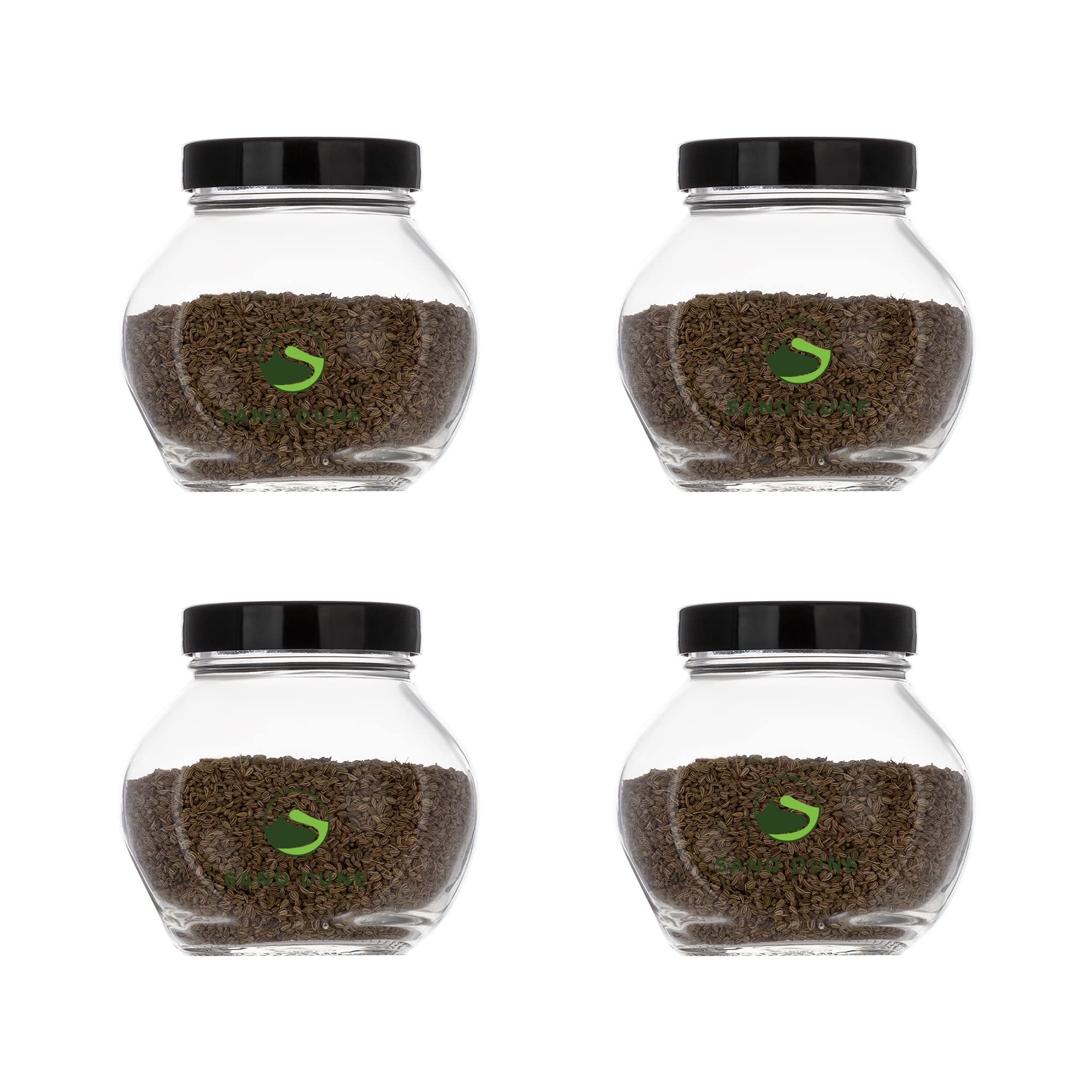 Sand Dune Set Of 4, 200 Ml Each Storage Glass Jar Black Plastic Cap, Transparent | Bpa Free | Storage Jar Containers/Barni For K