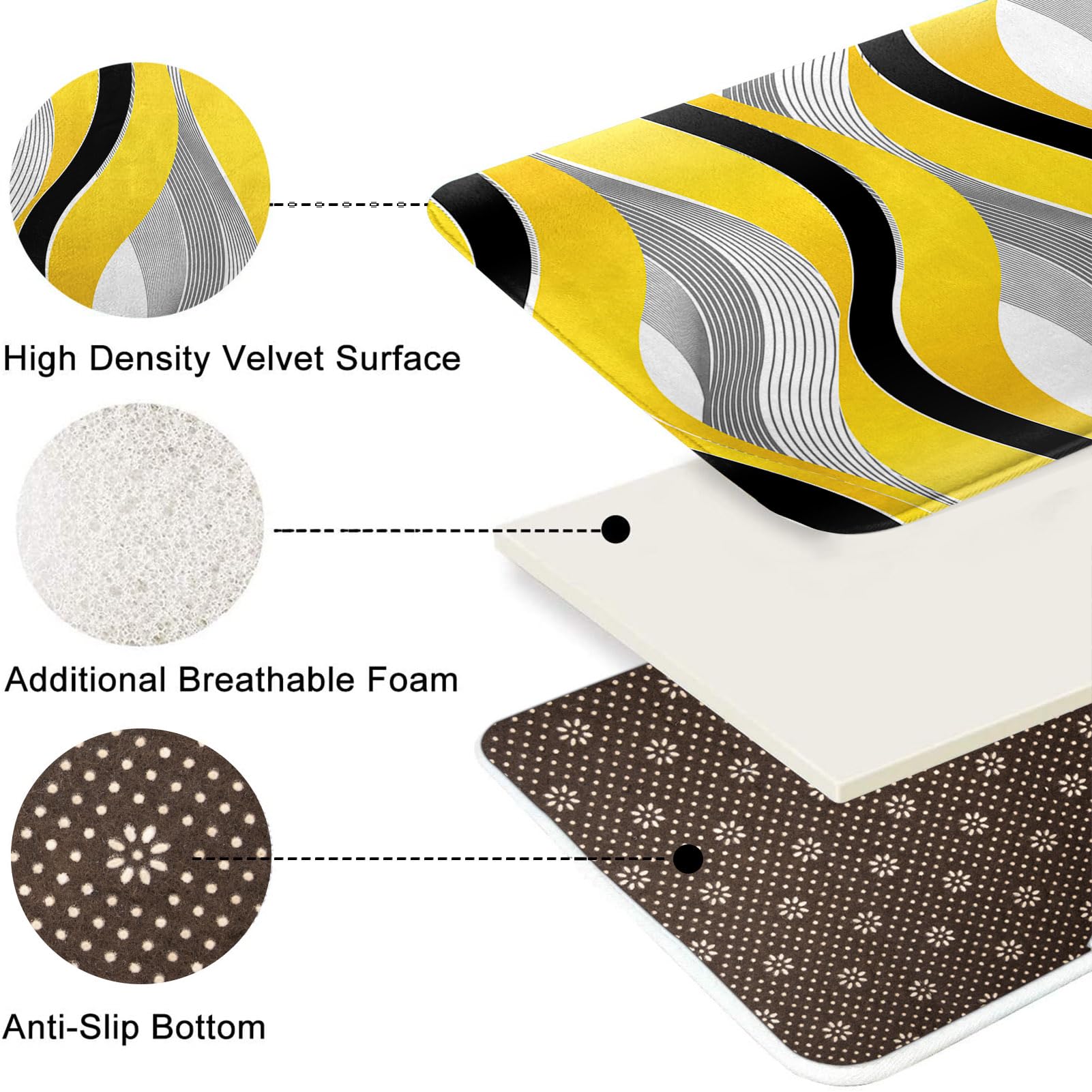 Tayney Yellow Striped Shower Curtain Set - 4 Pcs, 72"W x 72"L, Polyester, Geometric Lines, Includes Toilet Lid Cover & Non-Slip Rugs