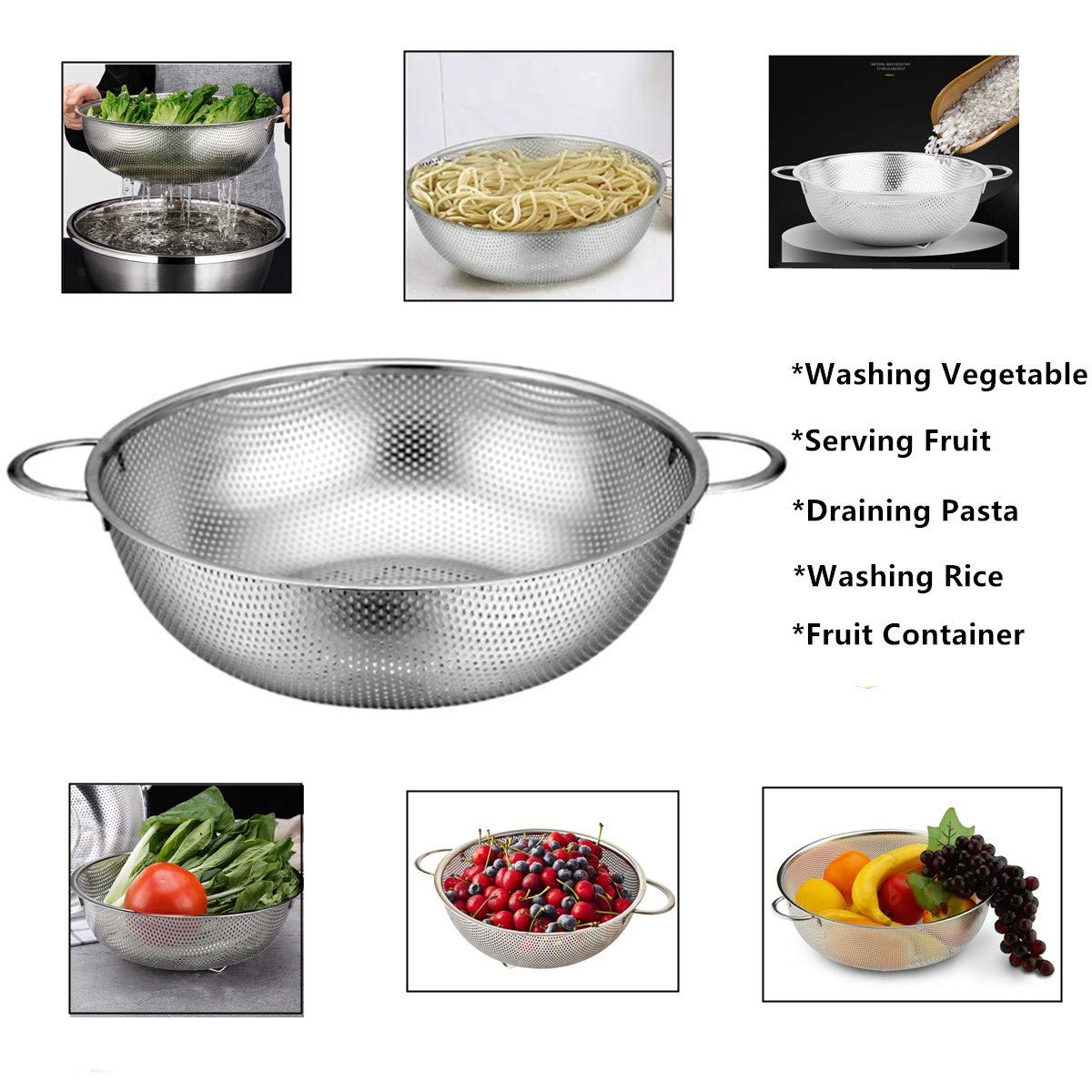 Colander Set Of 2, Heavy Duty Stainless Steel Micro-Perforated Strainer Mesh Colander With Handle For Draining Rinsing Washing P