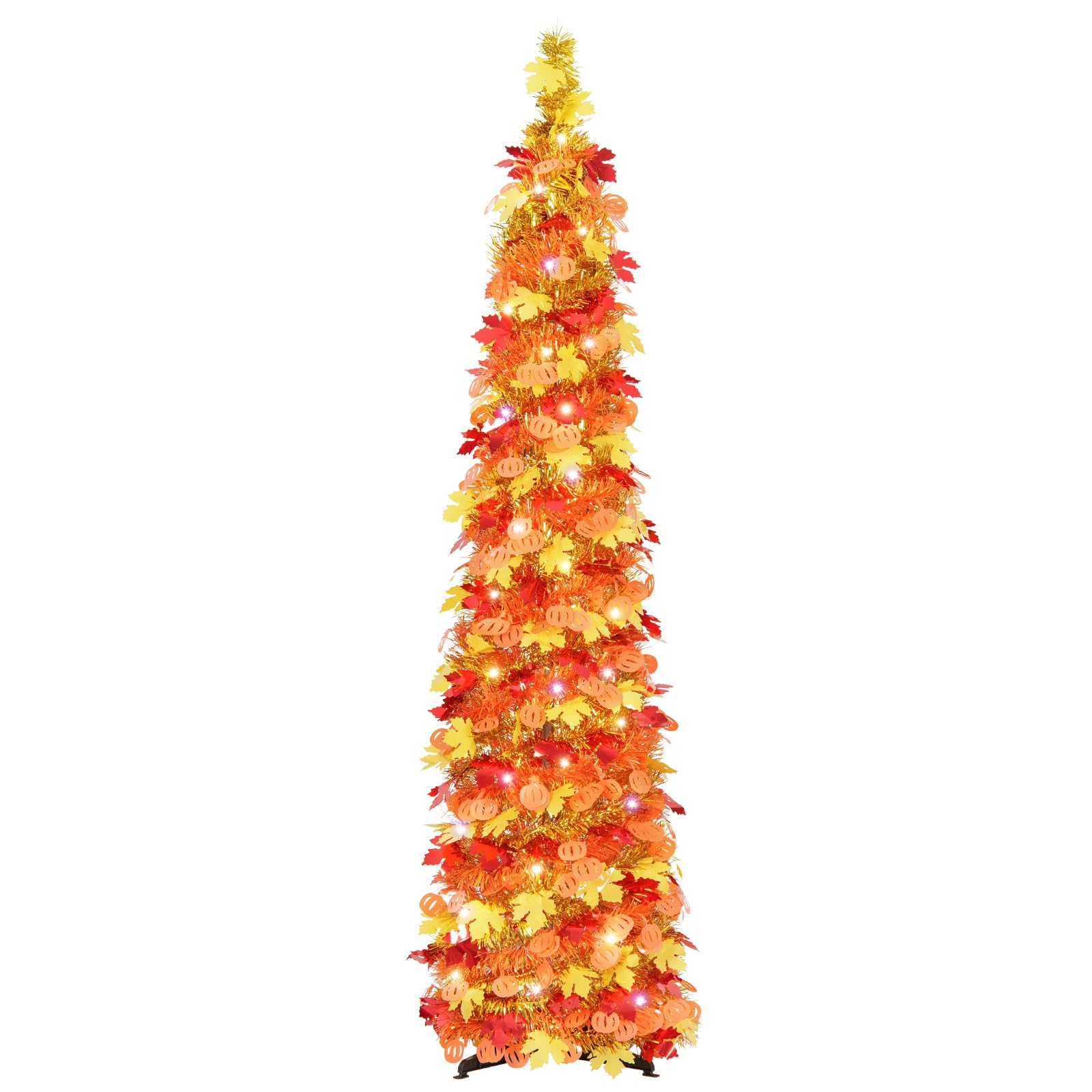 N&T NIETING Collapsible Pumpkin Decorations, Pop Up Fall Tree with Lights & Timer, Light Up Tree Home Decor, Tinsel Pencil Tree 