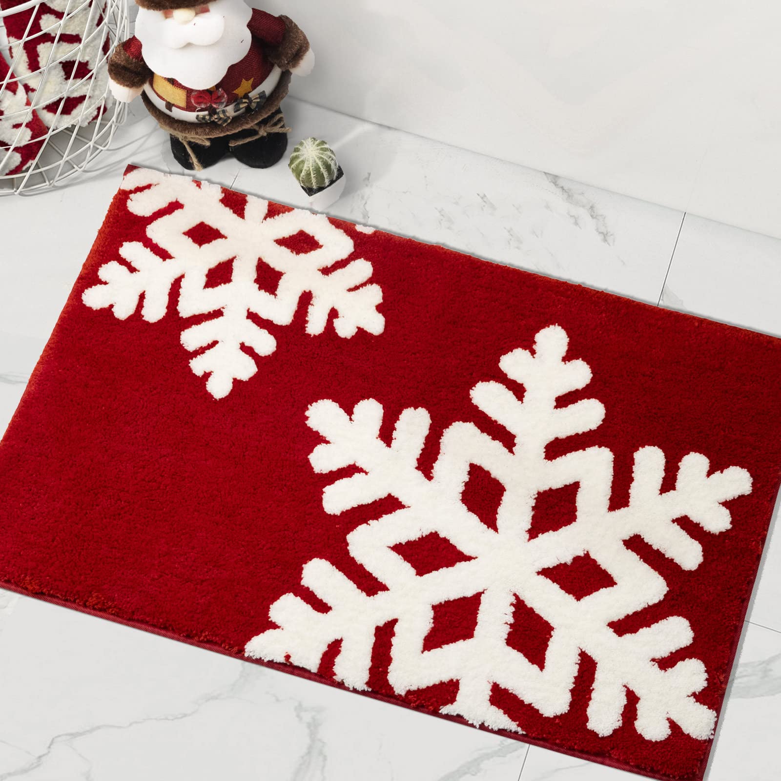Christmas Bathroom Decor Red Bathroom Rugs Cute Bath Mat Non-Slip White Snow Christmas Home Decorations Microfiber Absorbent Sho