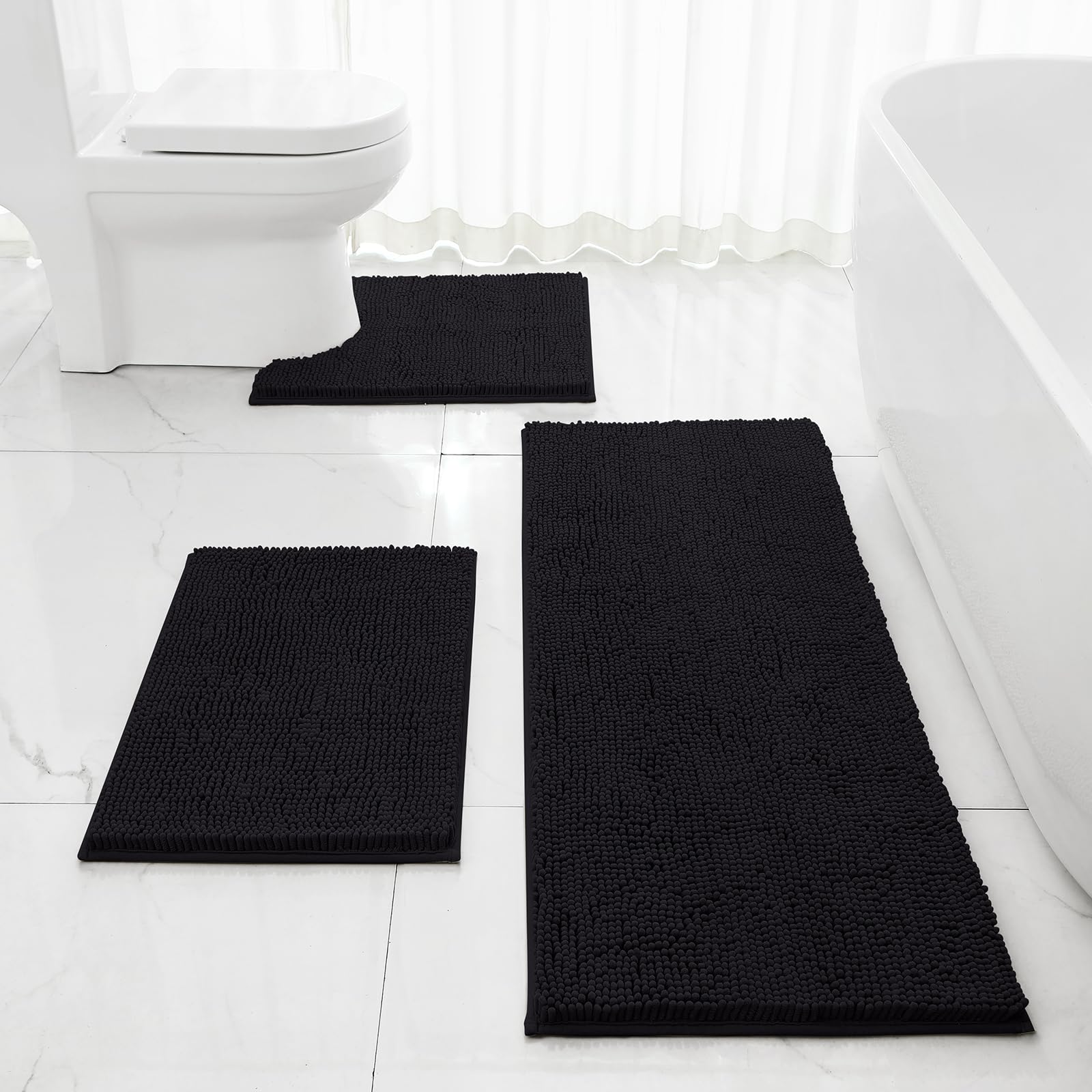 Homeideas 3 Pieces Bathroom Rugs, Extra Large Ultra Soft Non Slip Absorbent Chenille Toilet Bath Mat Set (Black)
