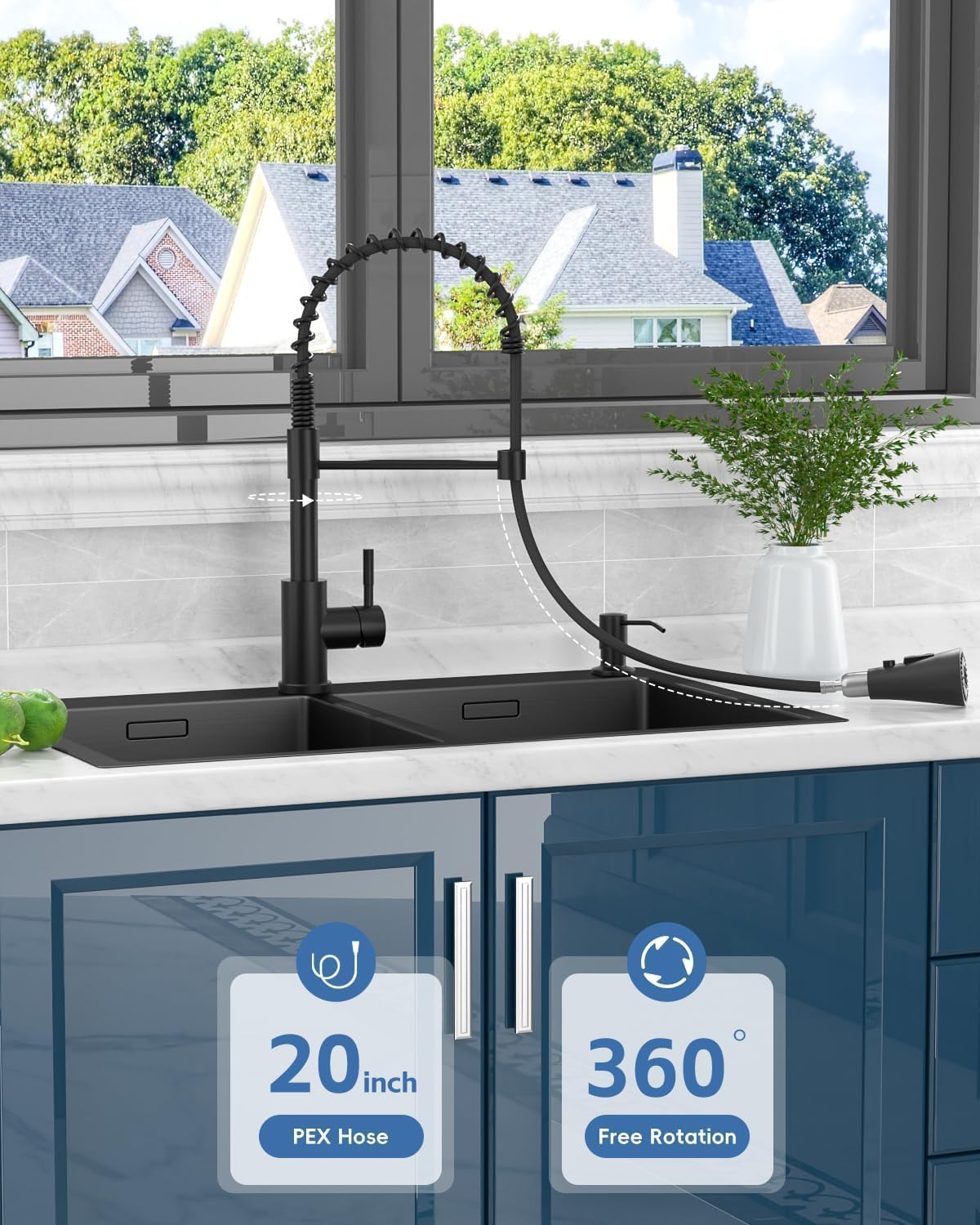 APPASO Black Kitchen Faucet with Soap Dispenser  18'' Commercial High Arc Tall Modern Single Handle Spring Kitchen Sink Faucet with Pull Down Sprayer