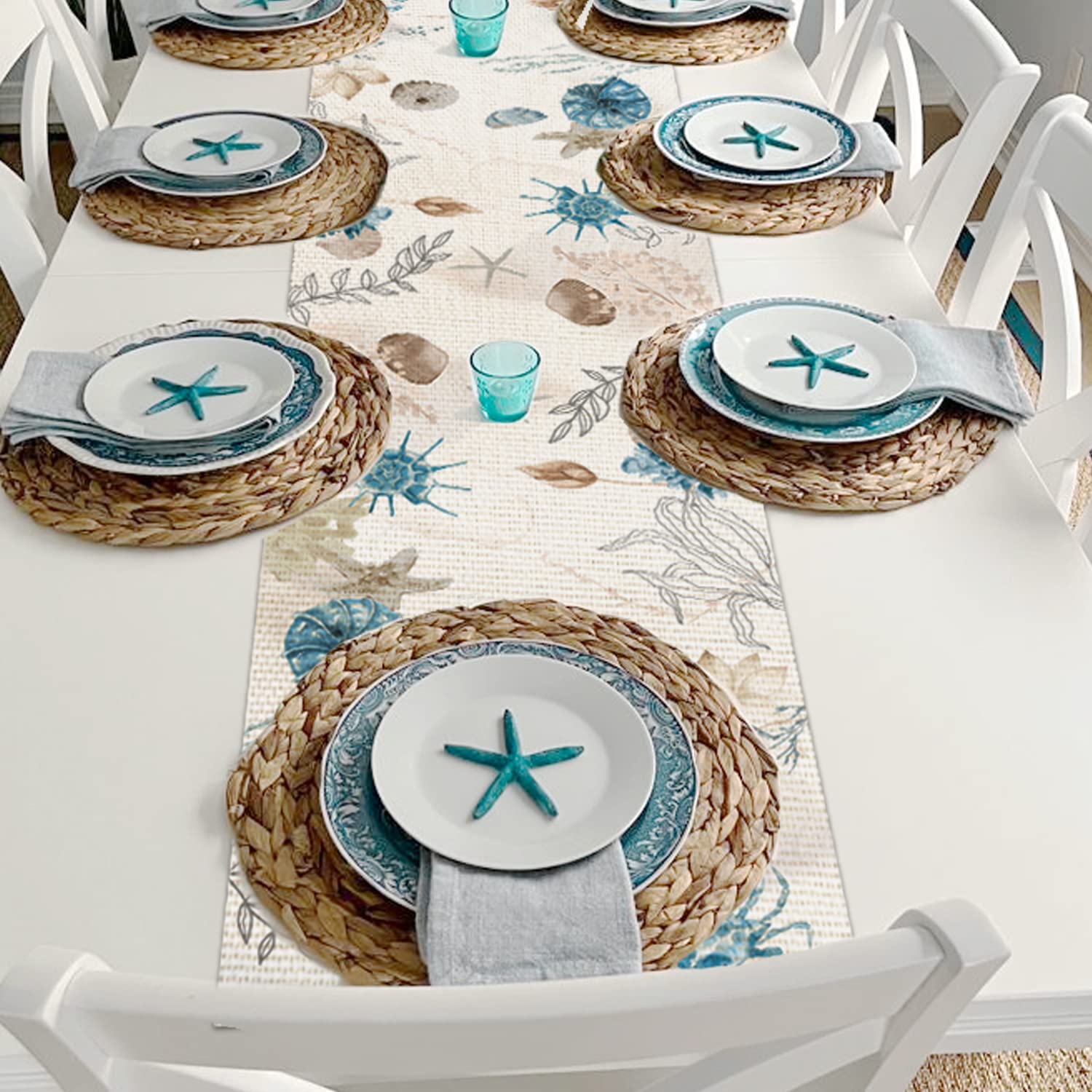 Procida Blue Beach Table Runner Tropical Ocean Coastal Table Runners Seashell Burlap Seasonal Nautical Kitchen Dining Coffee Tab
