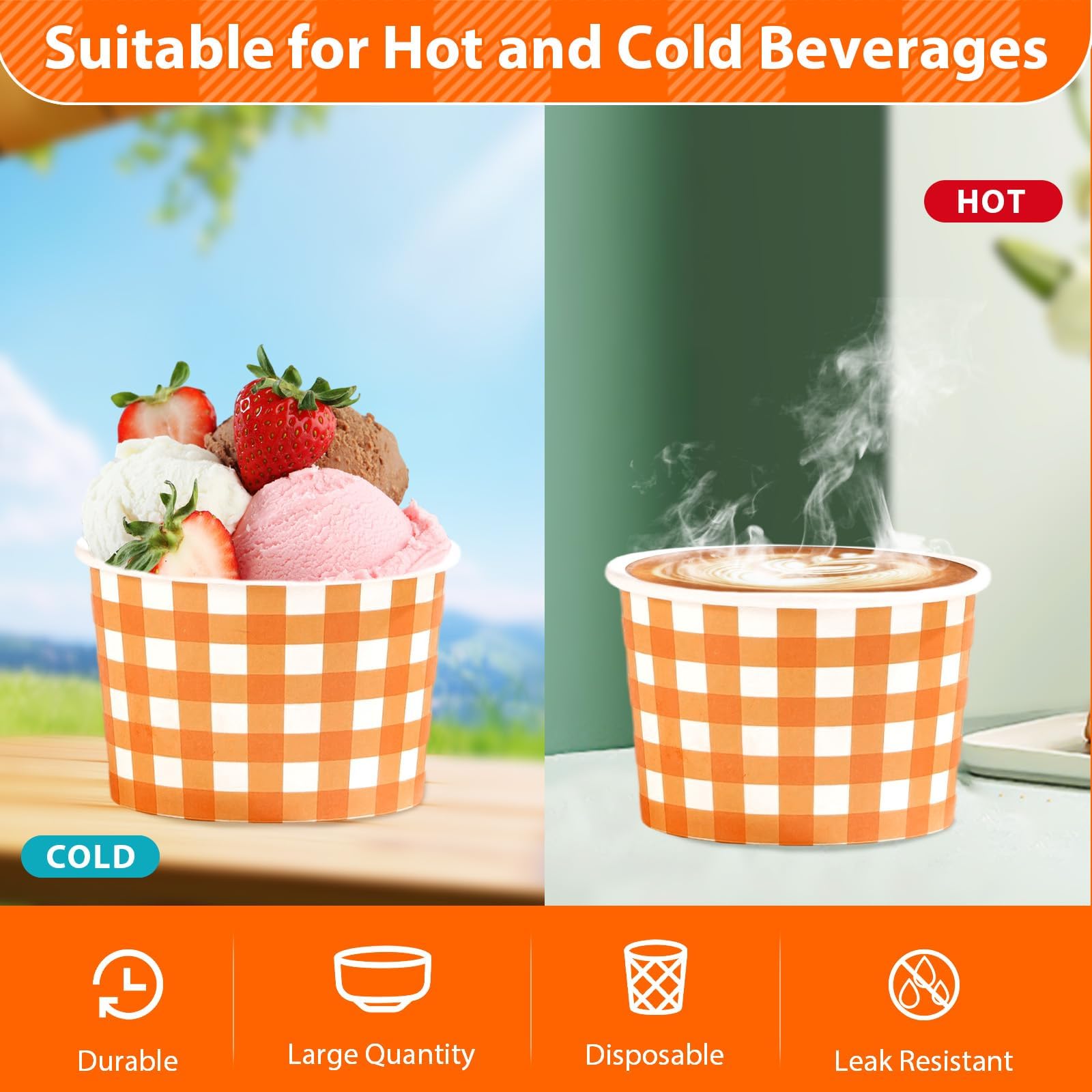 Grencian 120Pcs Fall Paper Bowls 12 oz Disposable Thanksgiving Ice Cream Bowls Fall Cups Soup Bowl Orange Gingham Polka Dot Snac