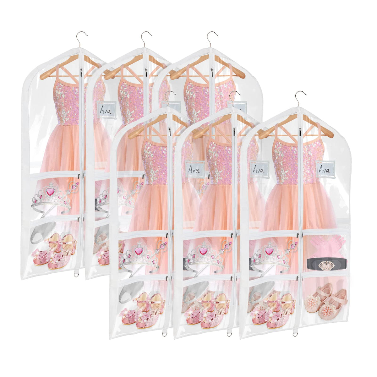 Univivi Clear Pvc Dance Costume Bags (6 Pack) Garment Bag 40 Inch For Dance Competitions, With 4 Medium Clear Zipper Pockets And