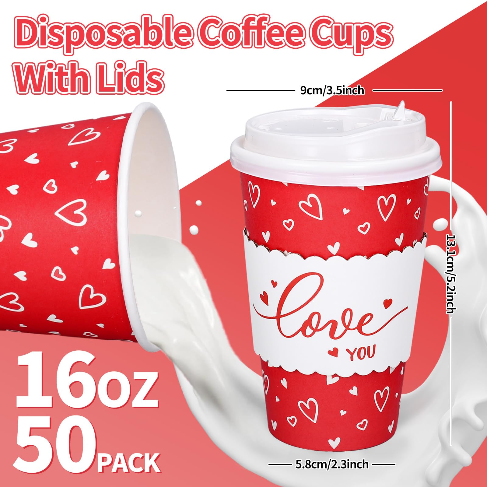 Whaline 50 Set Valentine'S Day Disposable Coffee Cups With Lids And Sleeves Red White Love Heart Paper Drinking Cups For Wedding