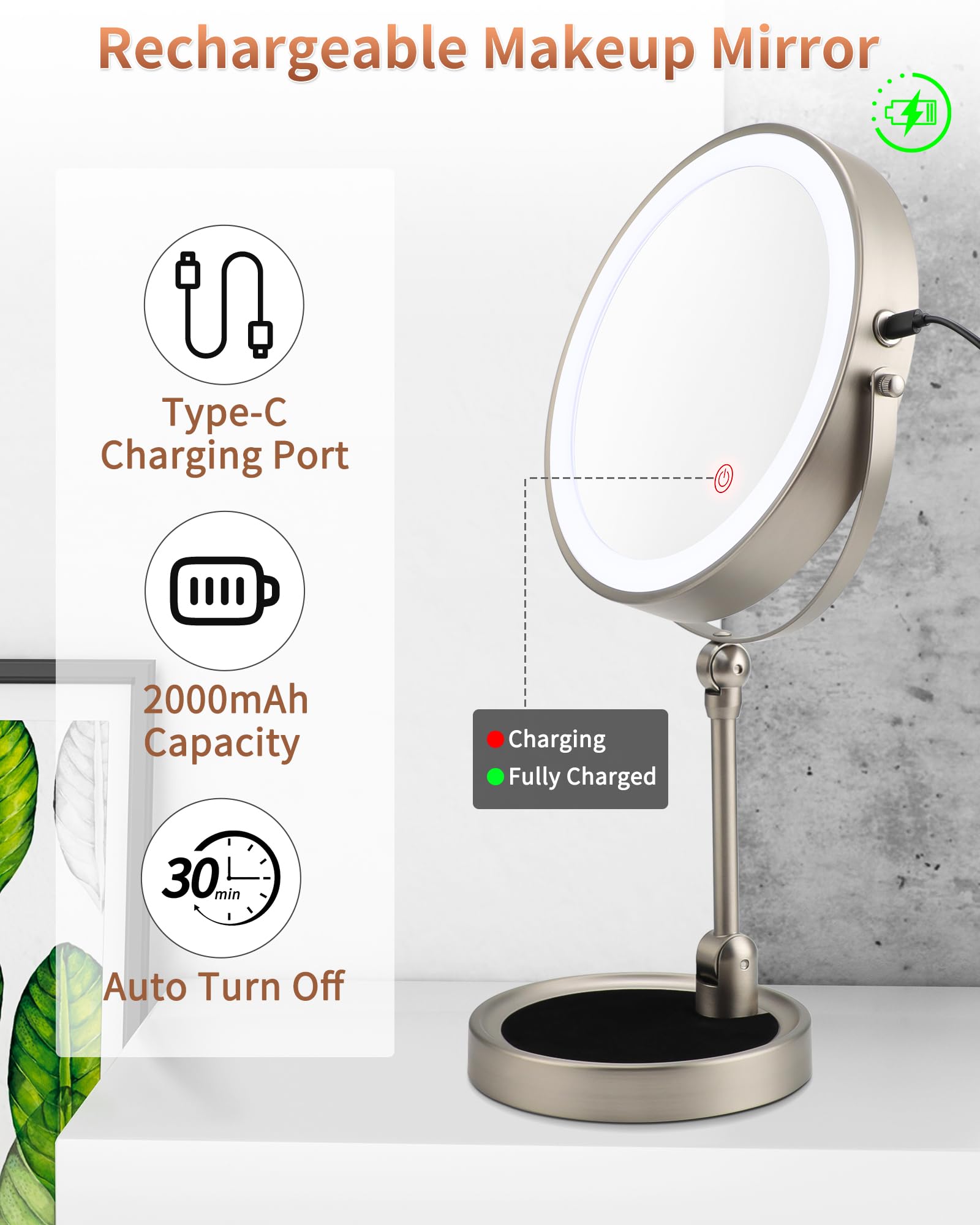 9'' Lighted Makeup Mirror,1X/10X Magnifying Vanity Mirror With Height & Brightness Adjustable,Rechargable Makeup Mirror,360Rotat