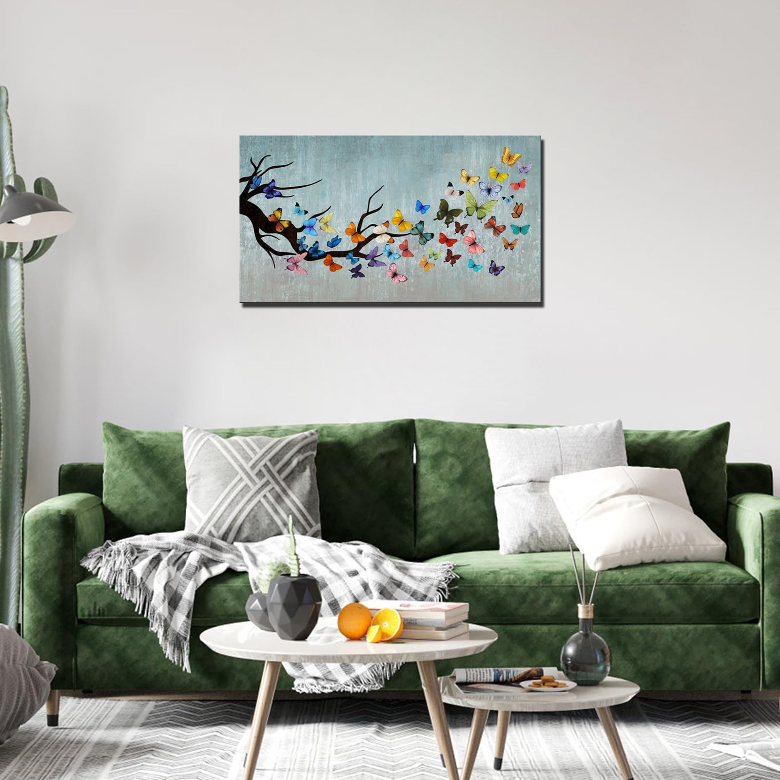 sechars Vintage Wall Art Canvas Colorful Butterfly on Teal Background Paintings Art Prints Butterflies Artwork Framed for Home Bedroom Dining Room Wall Decoration Ready to Hang 20x36