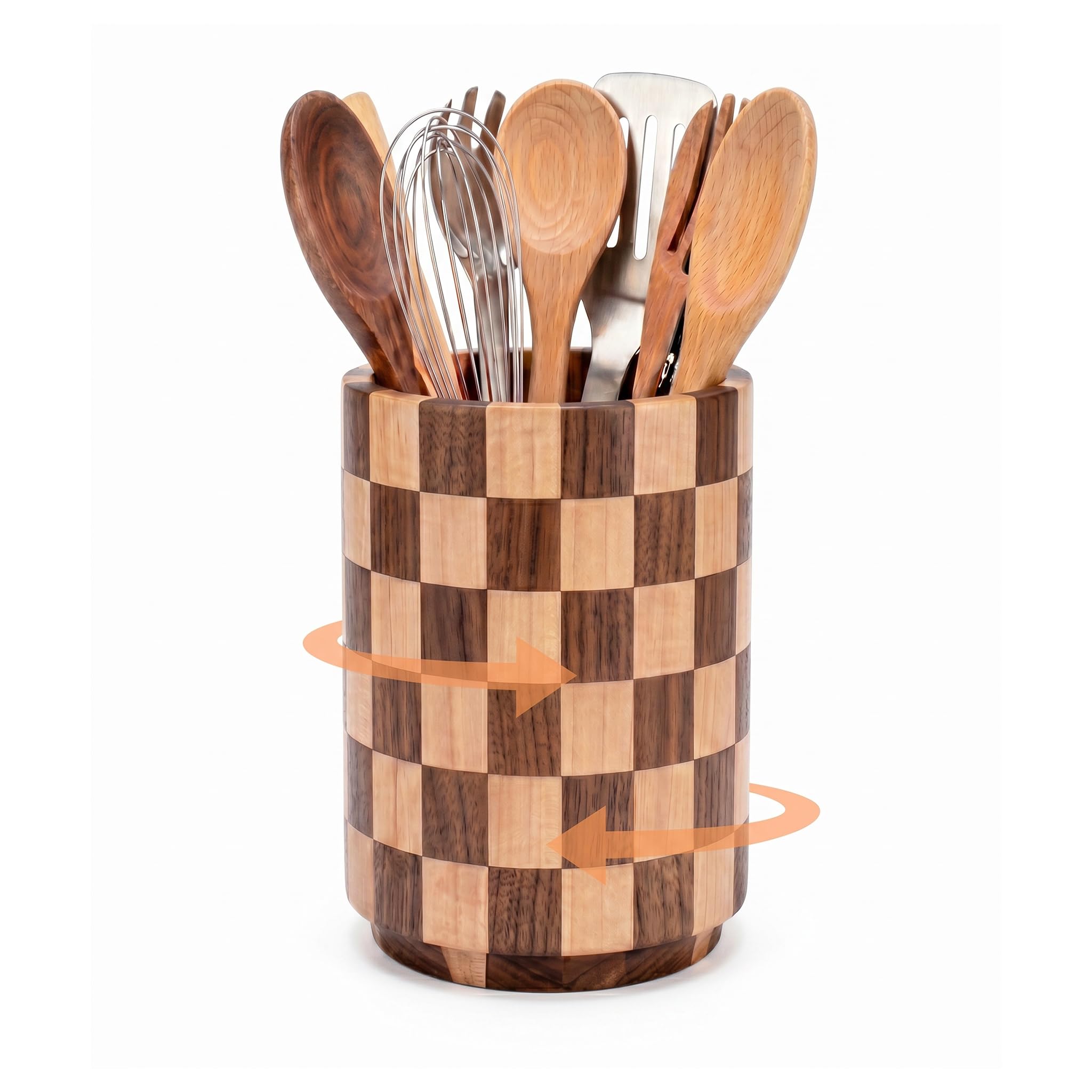 ZYLARIXE Wooden Utensil Holder, 360 Rotating Acacia Wood Utensil Crock for Kitchen Counter, 7.0 Large NonSlip Cooking Utensil 