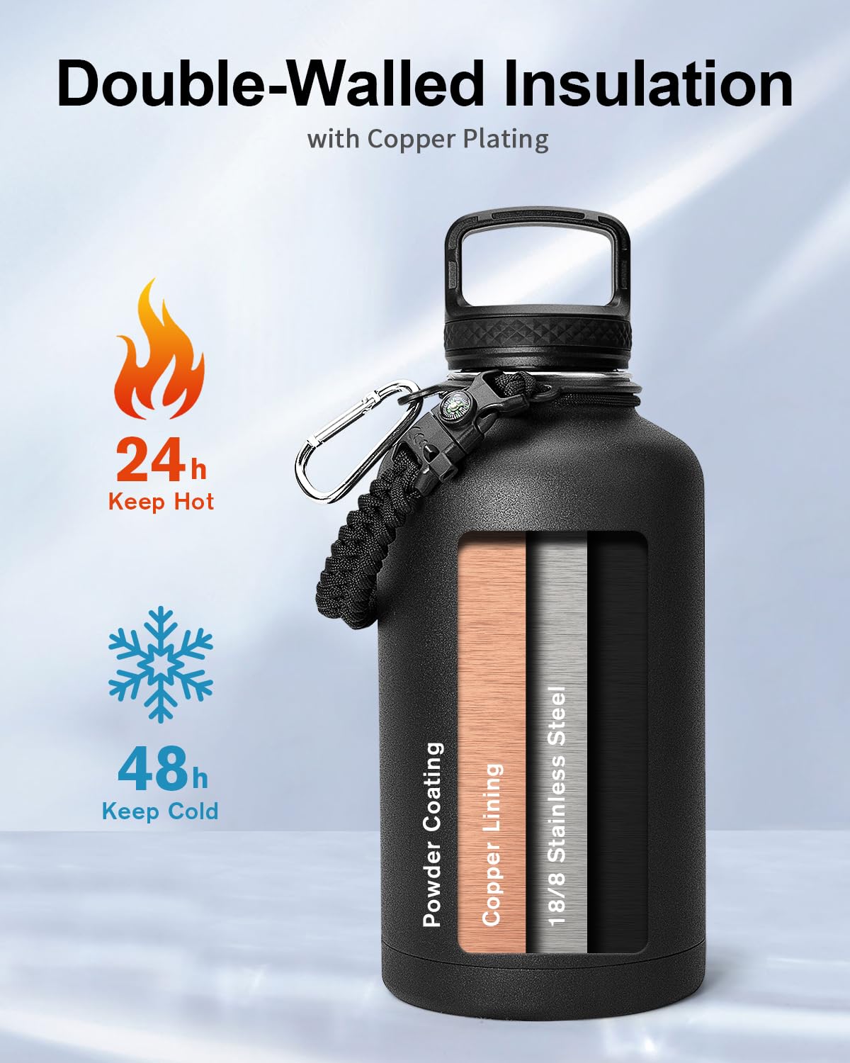 Trebo Half Gallon Water Bottle with Paracord Handle 64oz Wide Mouth Insulated Double Wall Stainless Steel Large Sports Flask Keep Hot 24 Hours & Cold 48 Hours Water Jug with 3 Lids  Black