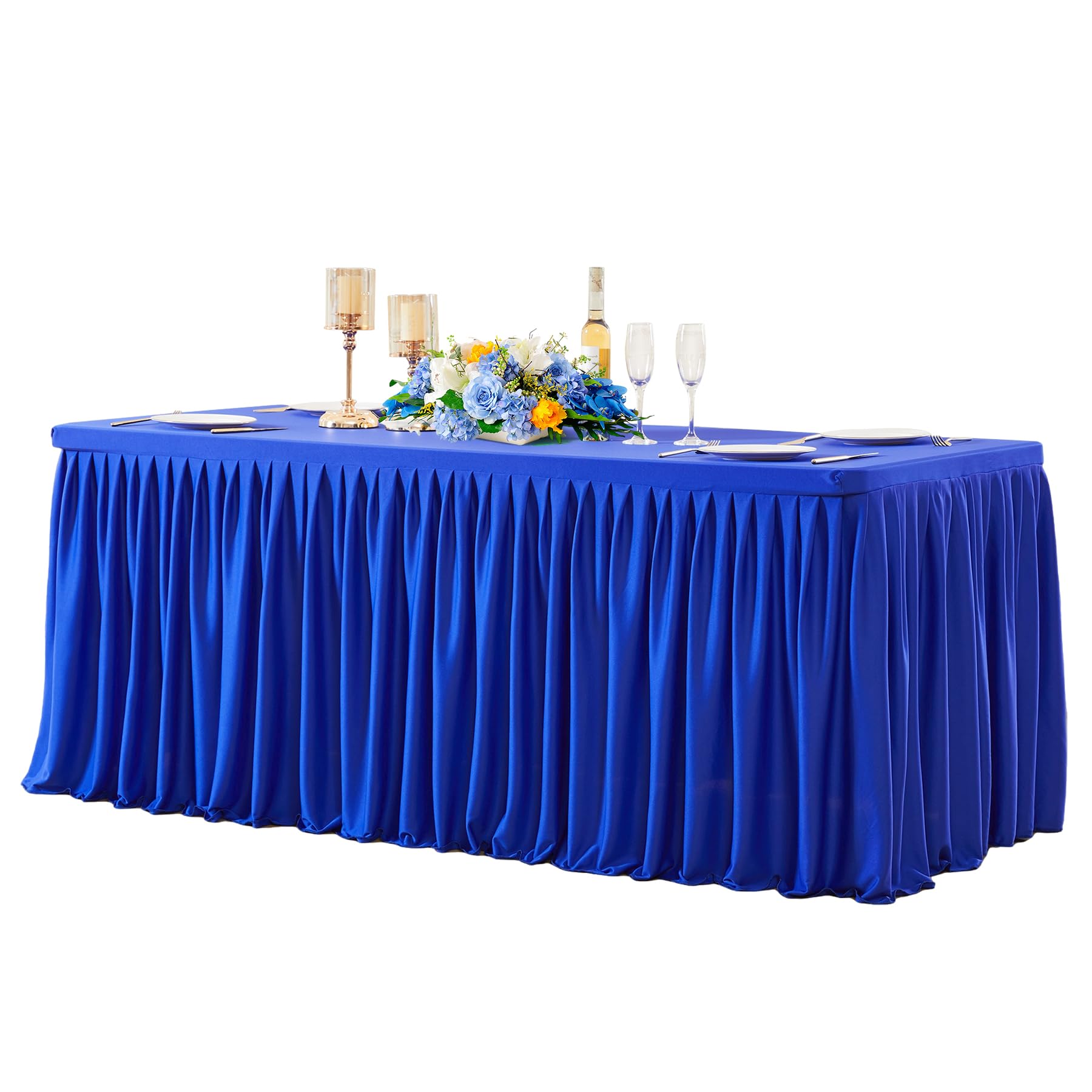 Royal Blue Polyester Table Clothes For 6 Foot Rectangle Tables, Wrinkle Free Fitted Table Cover With Pleated Ruffle Table Skirt