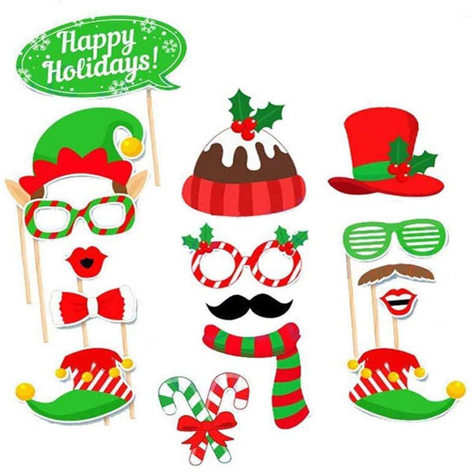 Soochat Christmas Photo Booth Props 32 Pieces Diy Photo Props Kits Dress-Up Holiday Photo Booth Selfie Props