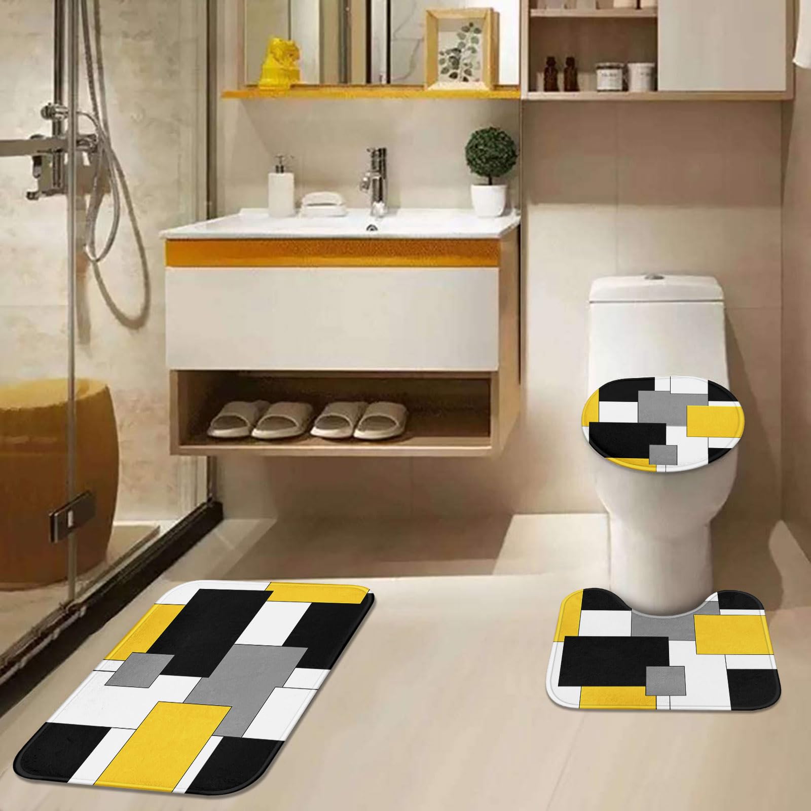 Tayney Geometric Shower Curtain Set - 4 Pcs, 72"W x 72"L, Abstract Yellow, Includes Toilet Lid Cover & Non-Slip Rugs, Polyester