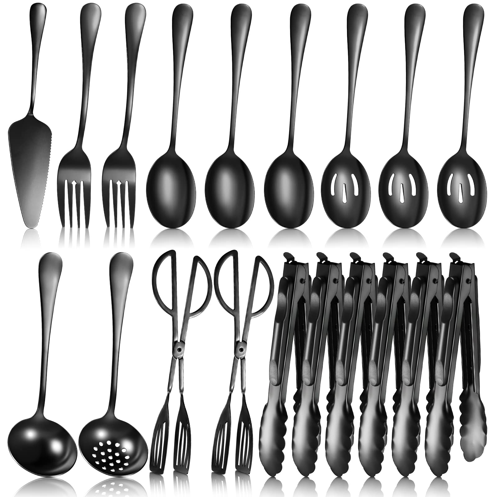 19 Pieces Serving Flatware Set Including Stainless Steel Spatulas, Forks, Spoons, Perforated Spoons, Soup Spoons, Skimmers Spoon