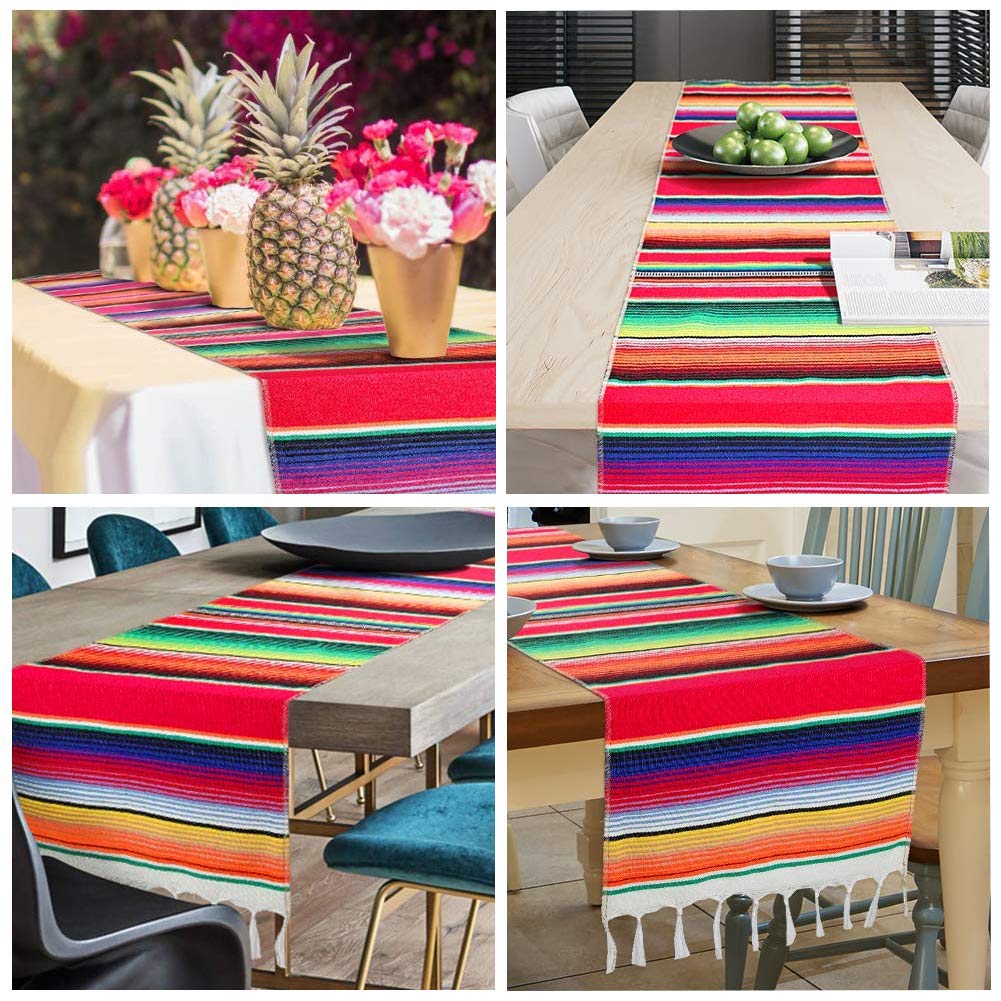 Mexican Table Runner 14 X 84 Inch Mexican Serape Table Runner For Mexican Party Wedding Decorations, Fringe Cotton Table Runner