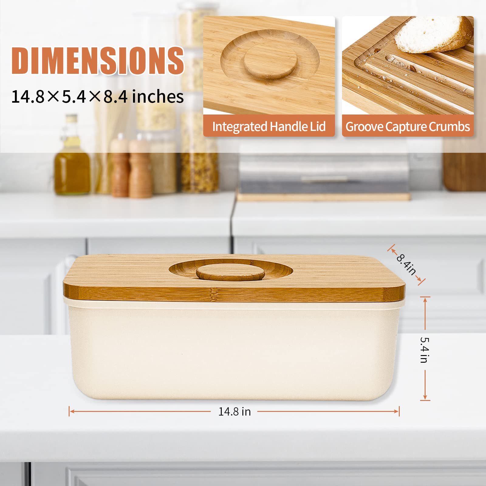 Triiter Bread Box With Bamboo Wood Cutting Board Lid & Bread Slicer Holder, Rectangular Cream Color Bread Container For Kitchen