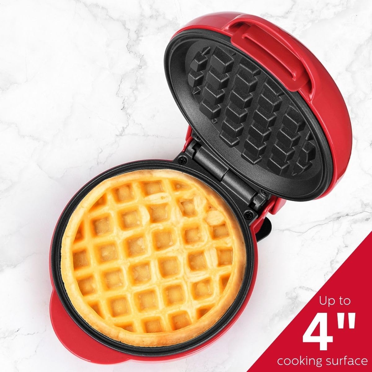 Holstein Housewares Personal/Mini Waffle Maker, Non-Stick Coating, Red- 4-Inch Waffles In Minutes, Ideal For Breakfast, Brunch,