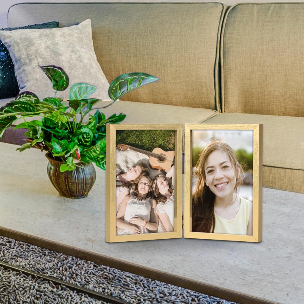 WUTL 5x7 Picture Frames Double Hinged MDF Golden with Glass Front Stand Vertical on Tabletop
