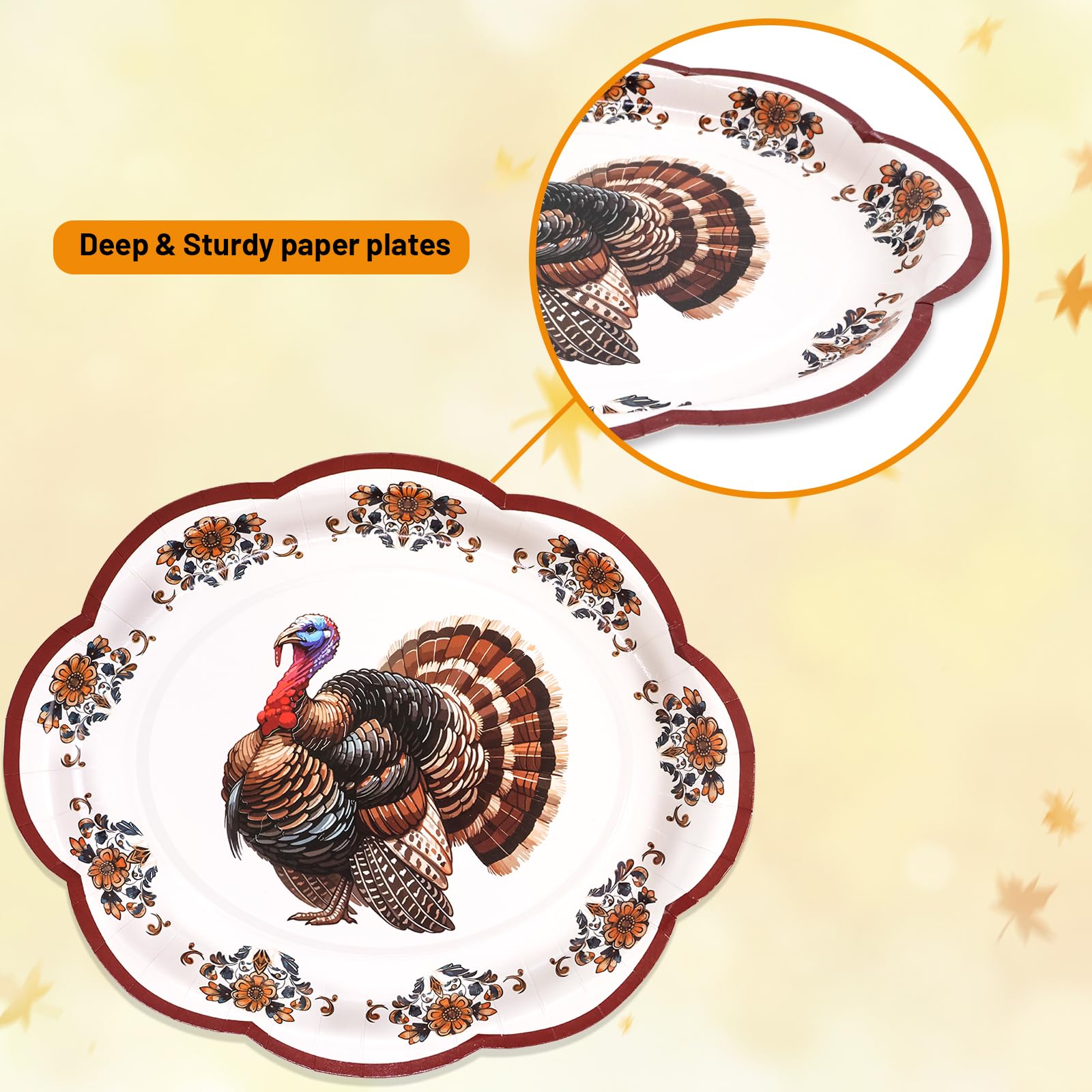 Fancy Land 24 Pcs Thanksgiving Plates Oval Paper Vintage Turkey Plates Disposable Dinner Platters 10 x 12 Inches Heavy Duty Dinn