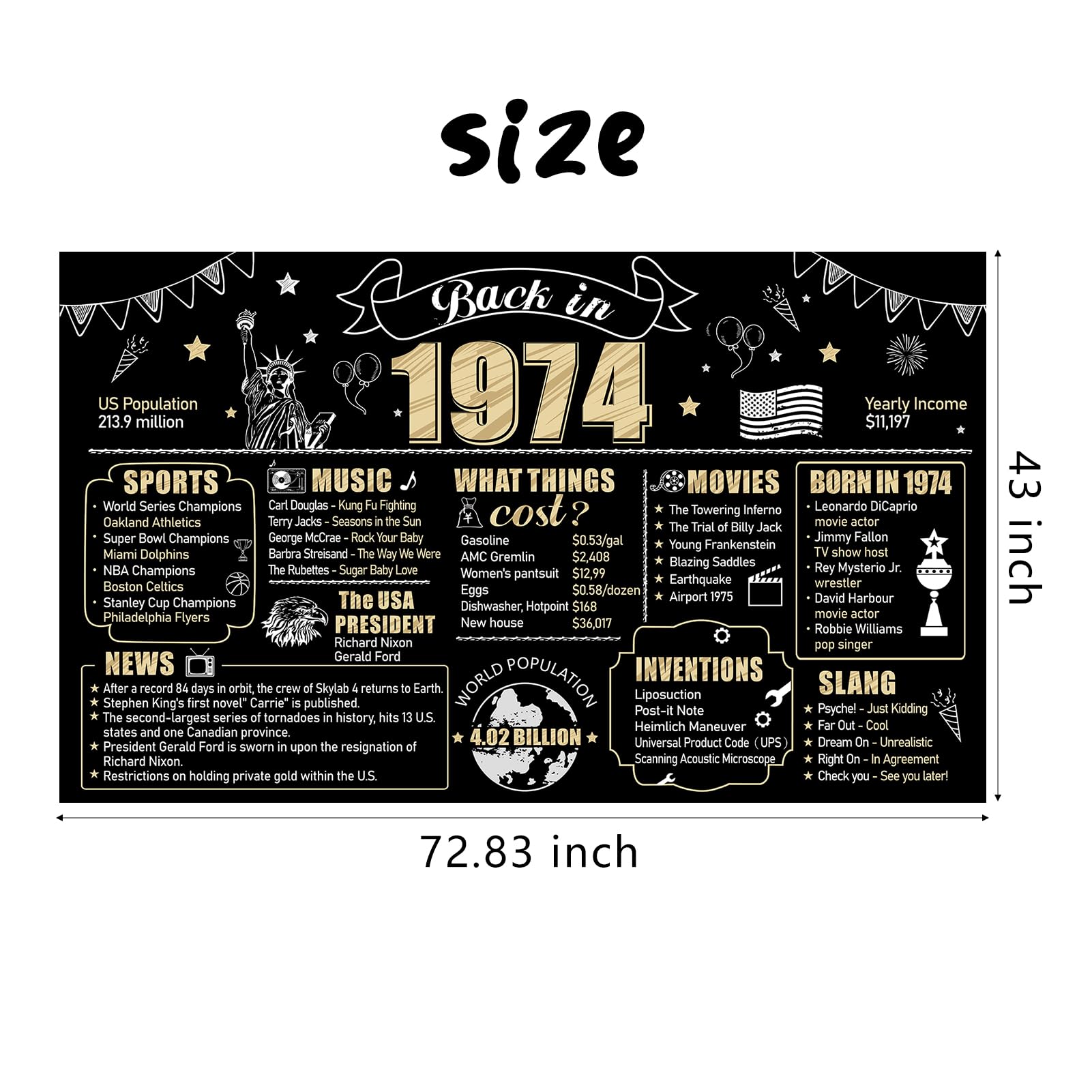 Eiurteao Large 50Th Birthday Banner Backdrop Decorations For Men Women, Black Gold Back In 1974 50 Birthday Sign Party Supplies,