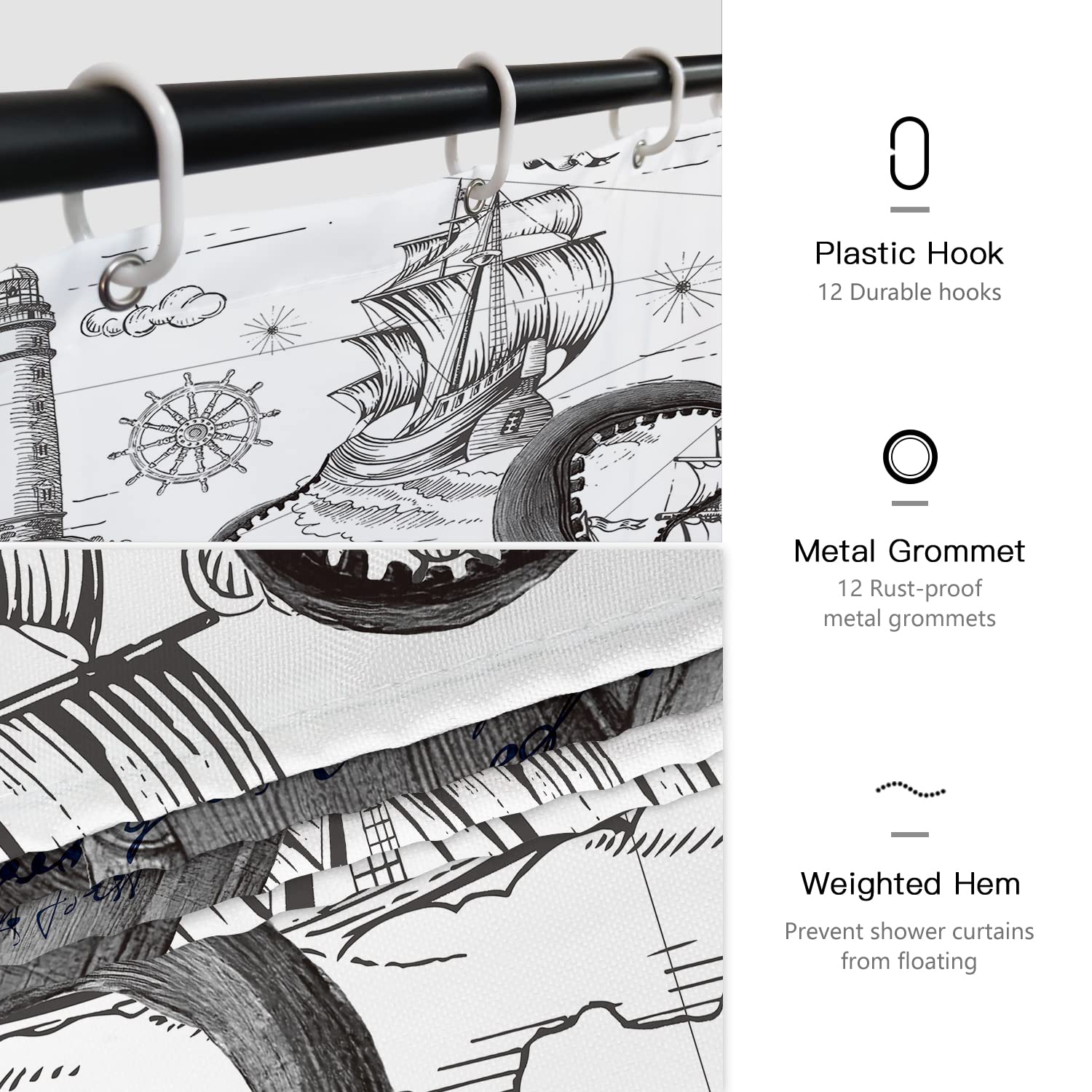 Desihom Gray Nautical Octopus Shower Curtain Set, Funny Ocean Kraken Shower Curtains For Bathroom, Beach Coastal Pirate Map Deco