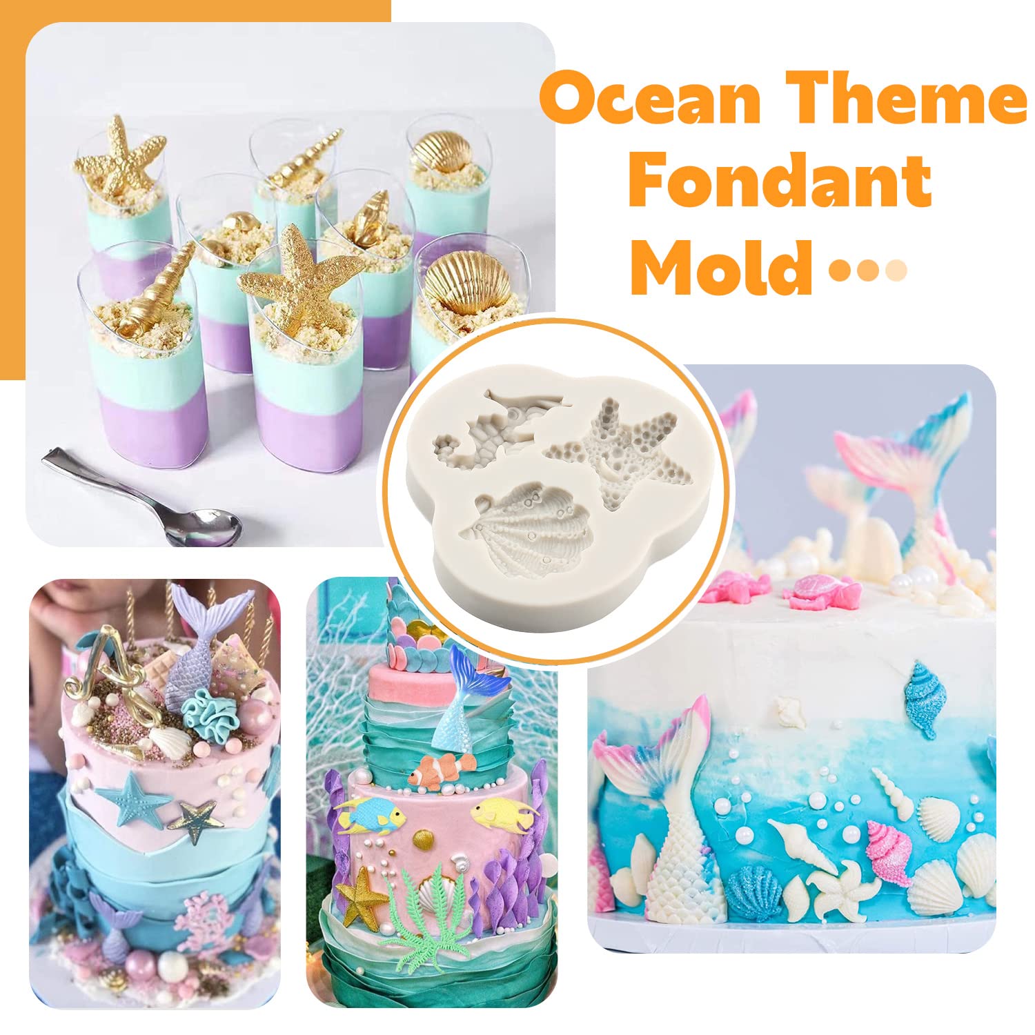 Sijiangmold Marine Theme Cake Fondant Molds Mermaid Tail Silicone Molds Seaweed Fish Seashell Coral Mold For Cake Decoration Cup