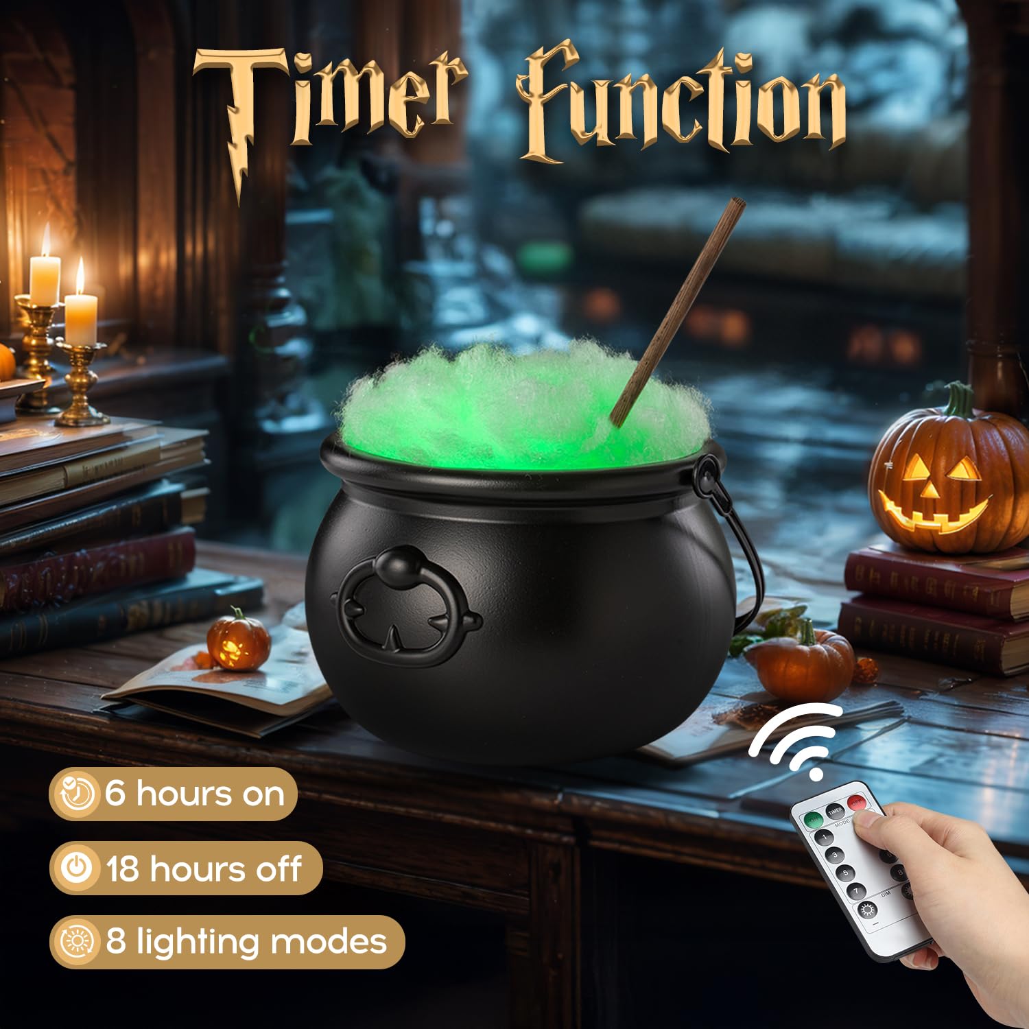 Zidmo Halloween Decorations Indoor - Magic Auto Mixing Witches Cauldron - Black Plastic Punch Bowl Decor with Light String, Time